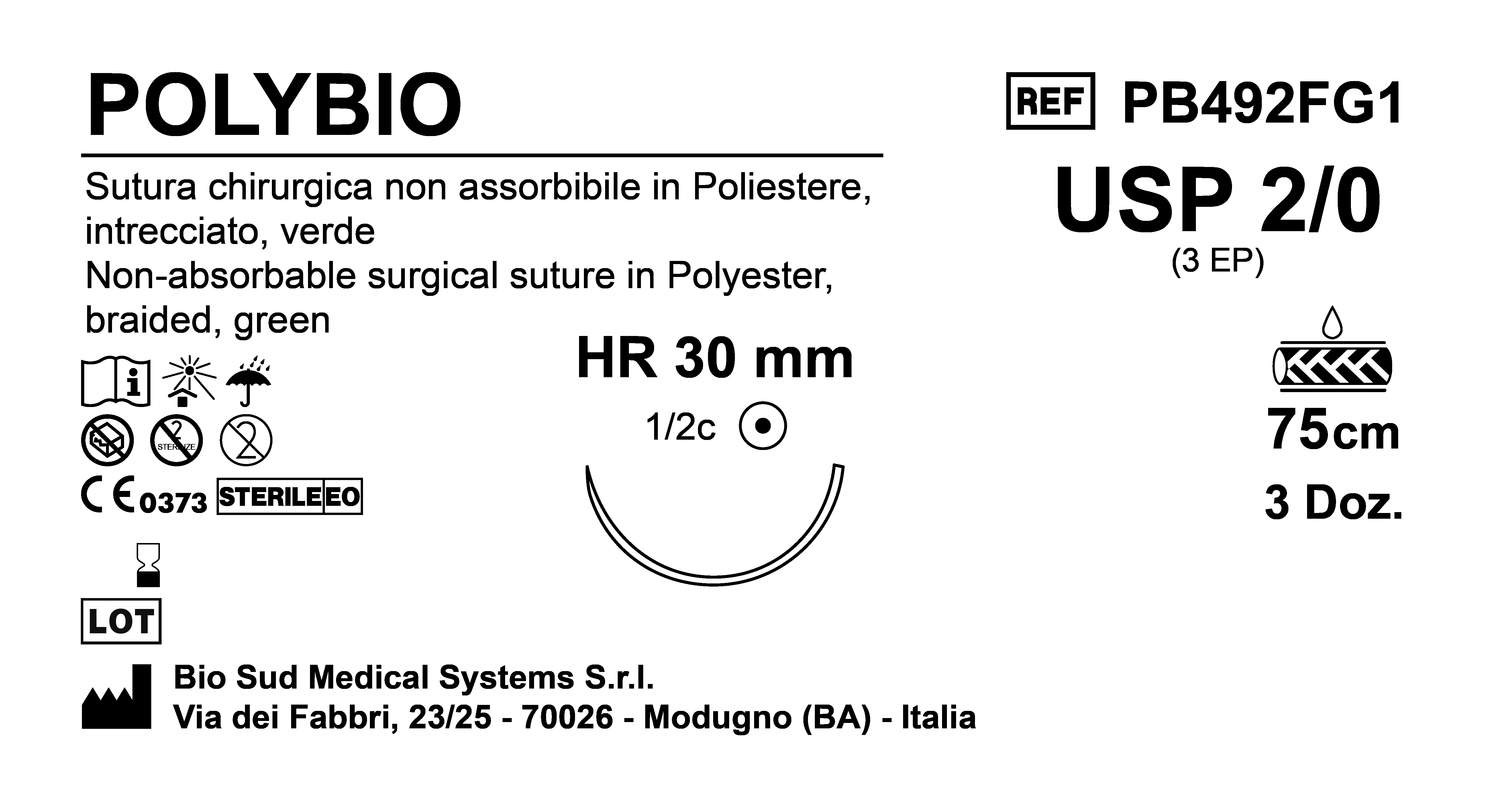 Sutura Polybio HR30 USP 2-0 - EP 3 75 cm Green Box 36 pcs