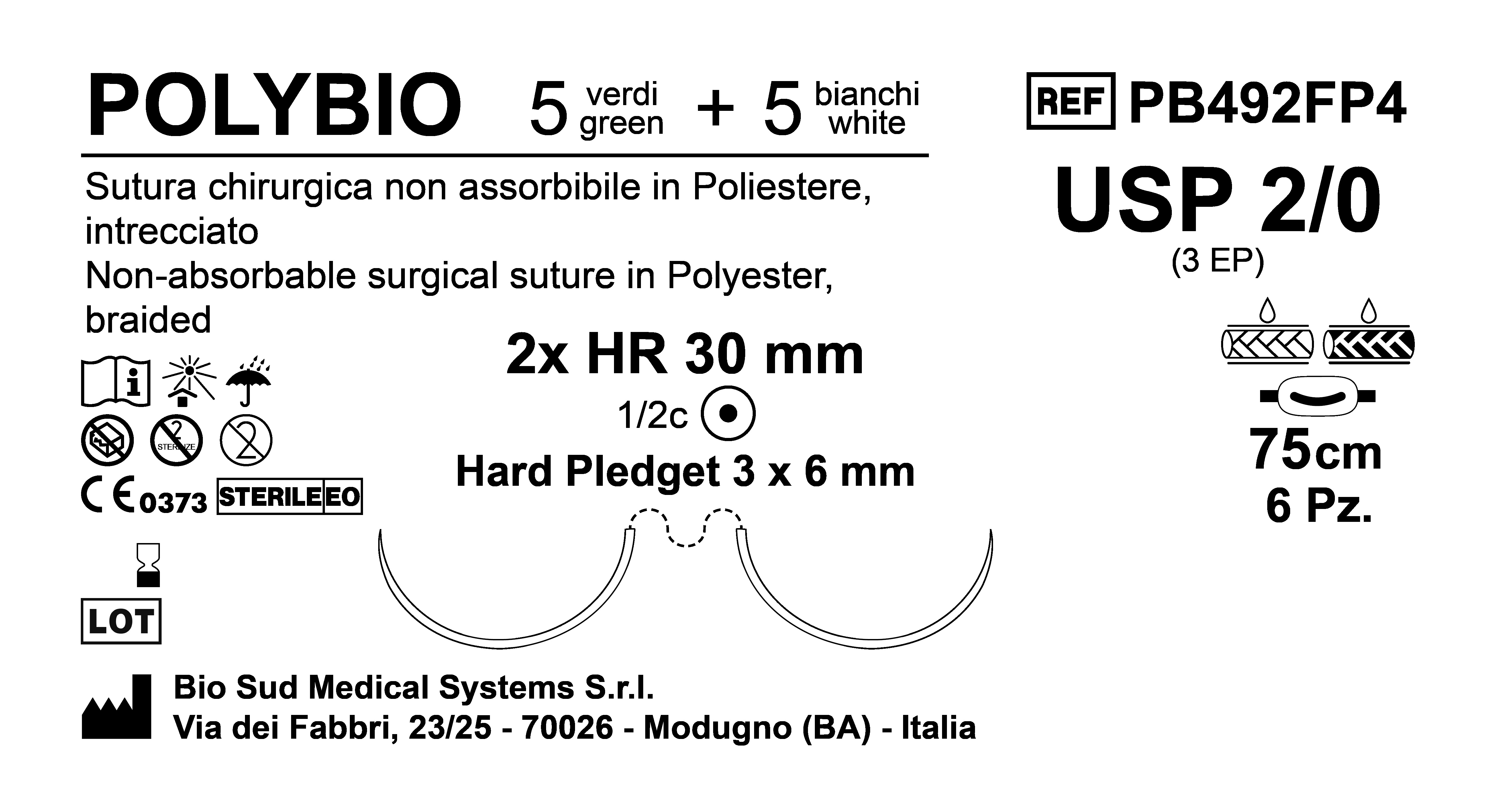 Sutura Polybio HR 30 USP 2-0 - EP 3 75 cm threads: 5 White + 5 Green x Bs. Doub.Arm. Pledget Hard 3x6 6Bs.