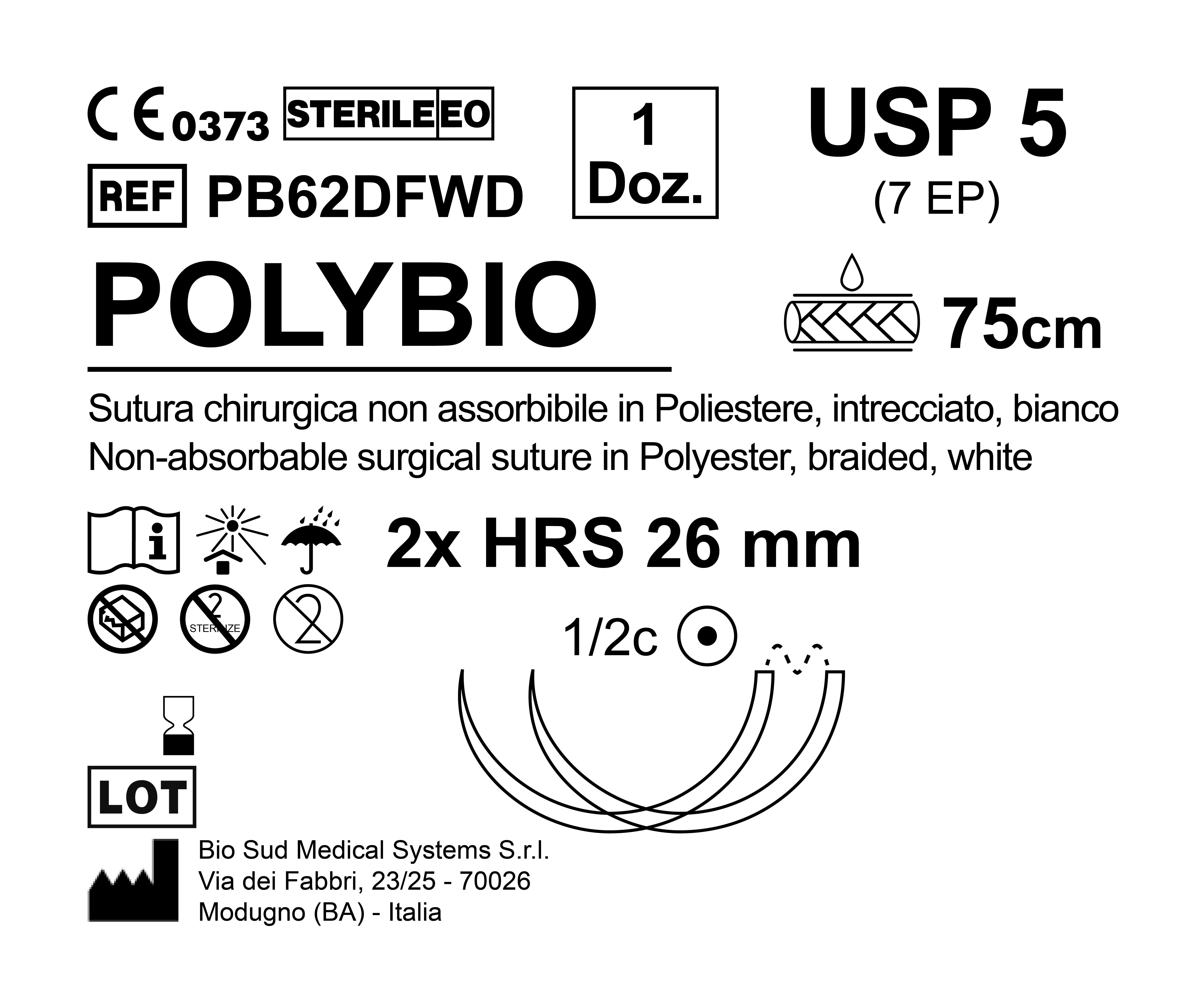 Sutura Polybio HRS 26 USP 5 - EP 7 75 cm White Double Armed; N.12 Bs. per Box