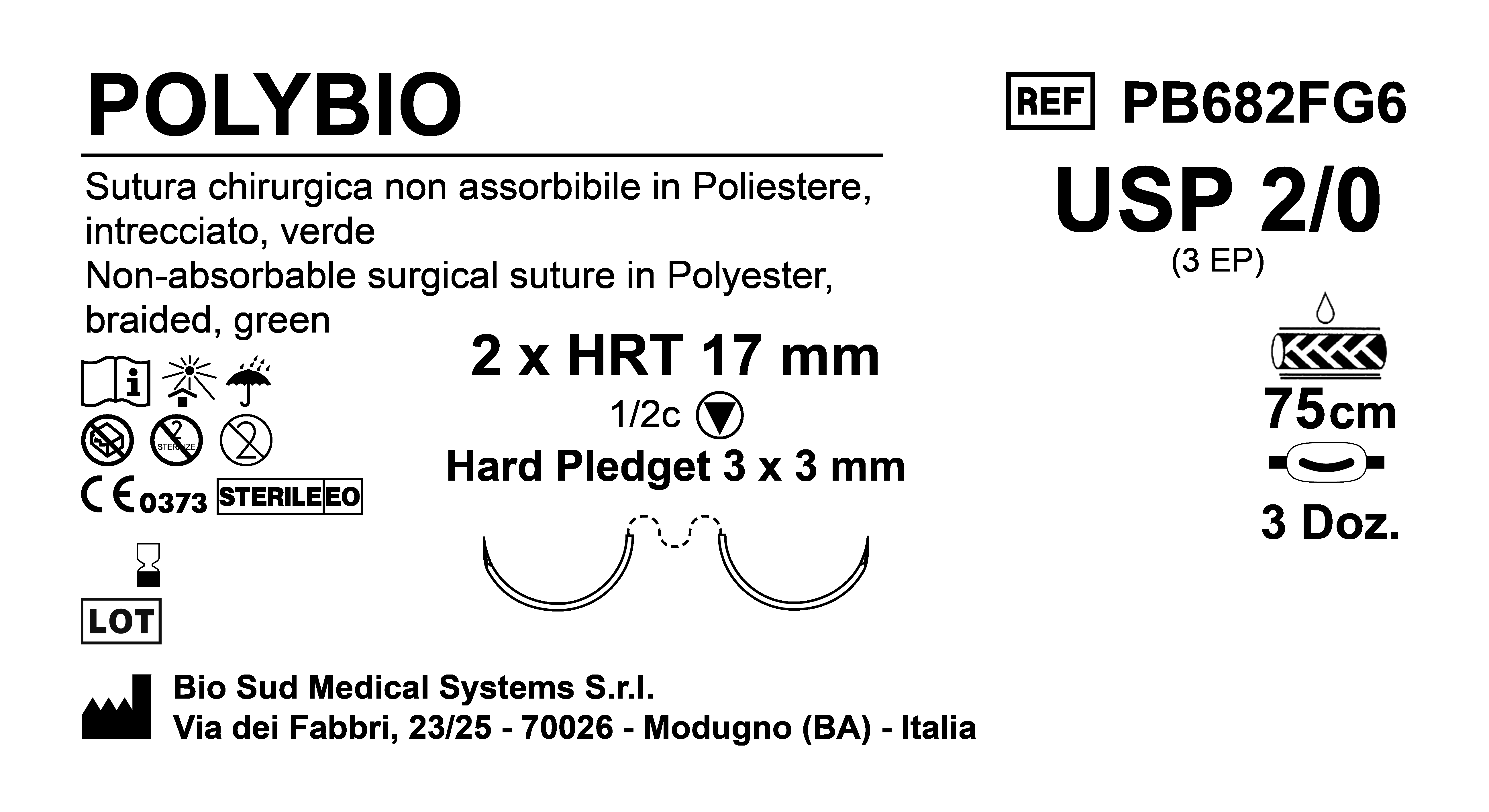Sutura Polybio HRT 17 USP 2-0 - EP 3 75 cm Green Doub.Arm. Pled. Hard 3x3 Box 36