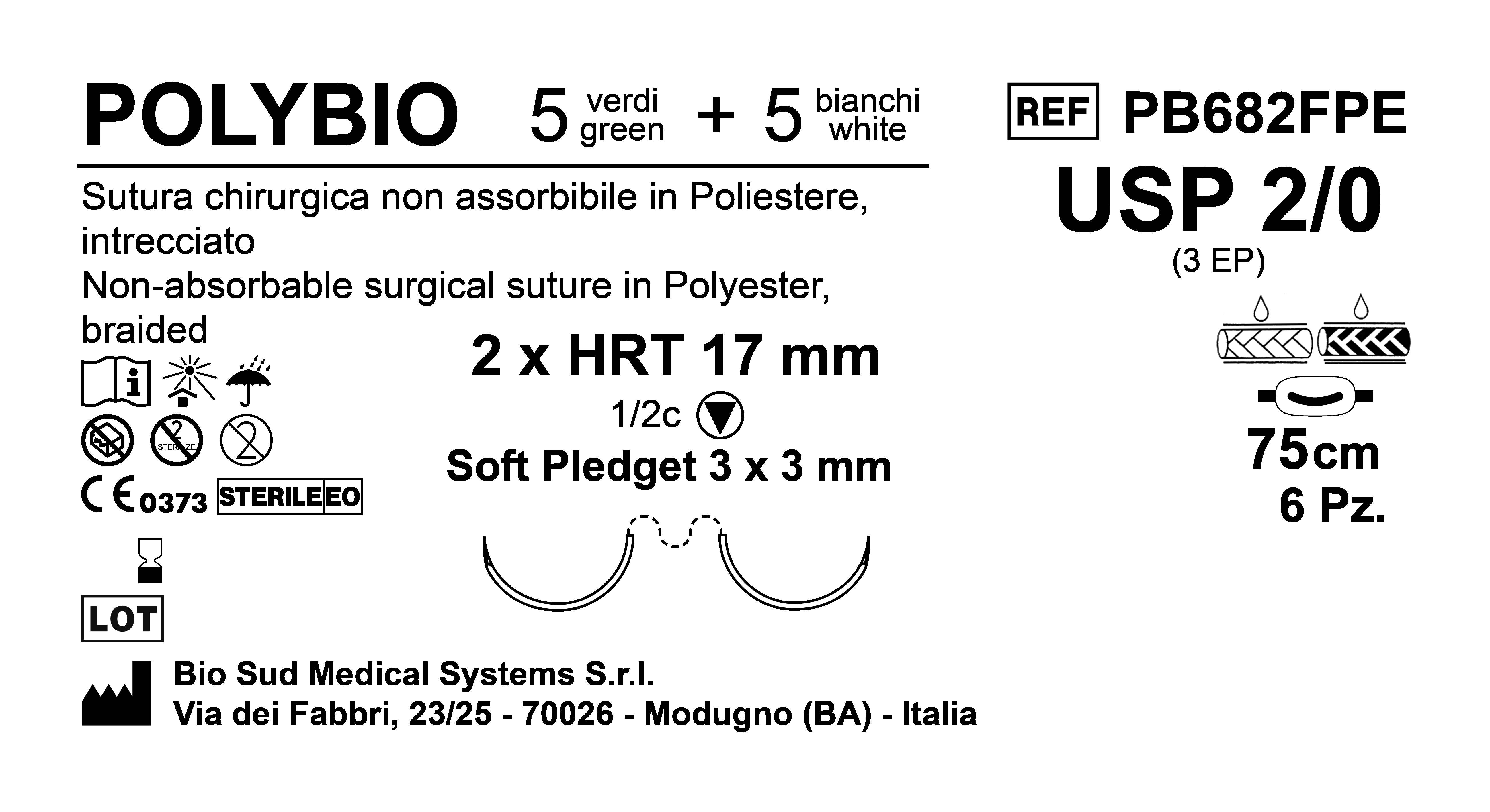 Sutura Polybio HRT 17 USP 2-0 - EP 3 75 cm threads: 5 White + 5 Green x Bs. Doub.Arm. Pled. Soft 3x3 Box 6bs.