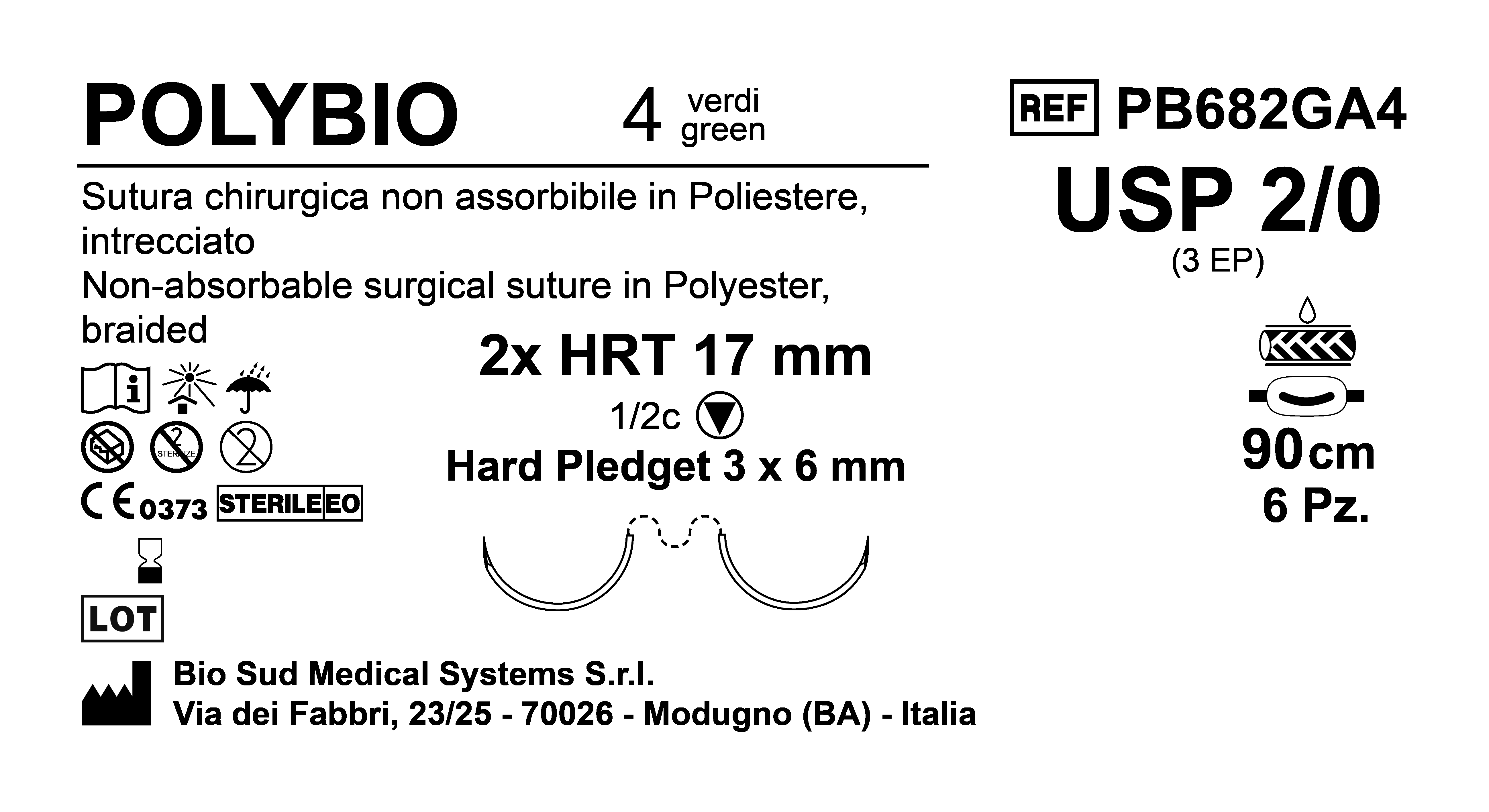 Sutura Polybio HRT 17 USP 2-0 - EP 3 90 cm 4 threads Green Doub.Arm. Pledget Hard 3x6 6Bs.