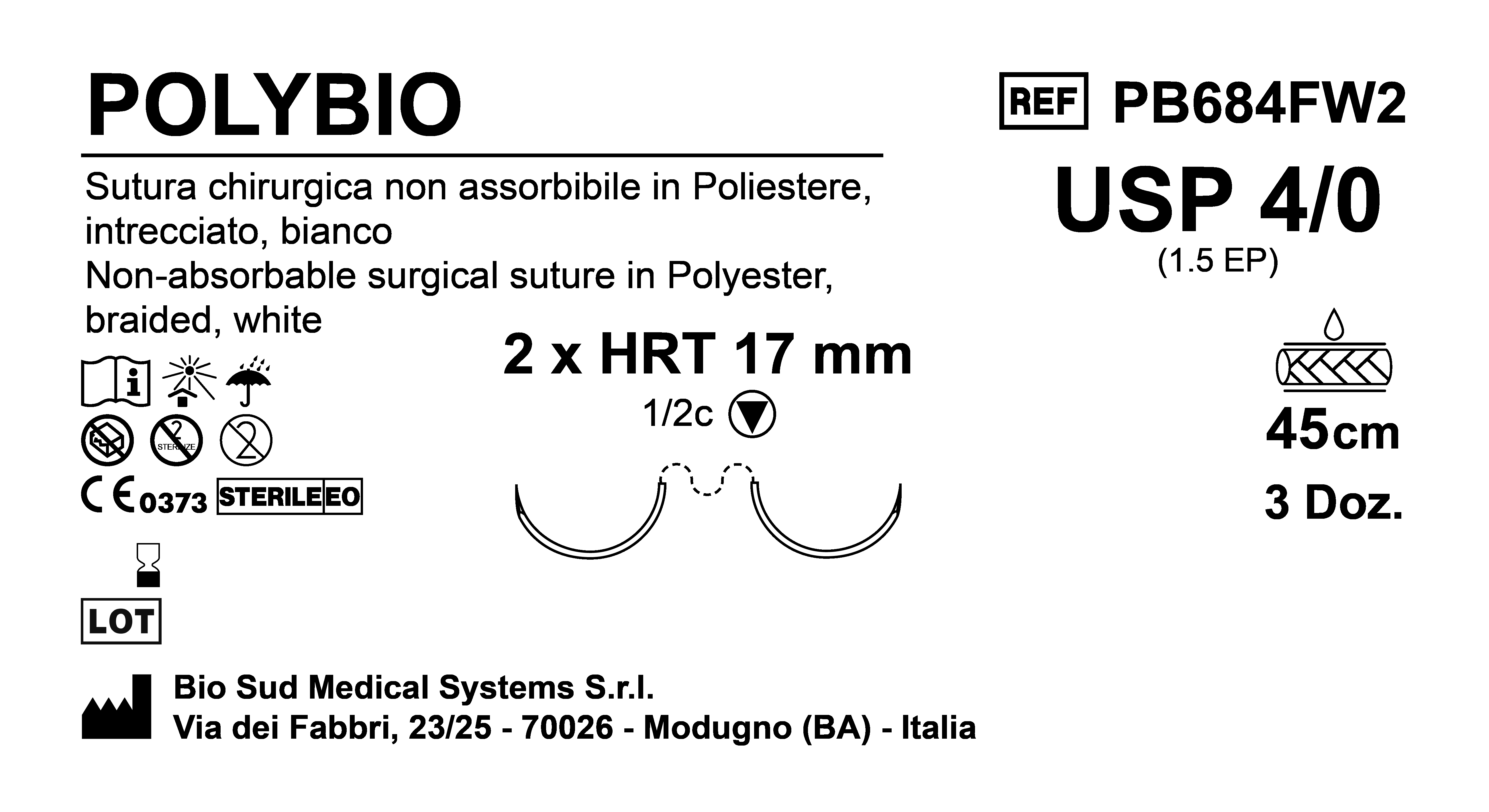 Sutura Polybio HRT17 USP 4-0  - EP 1.5 75 cm White Double Armed  Box 36 pcs