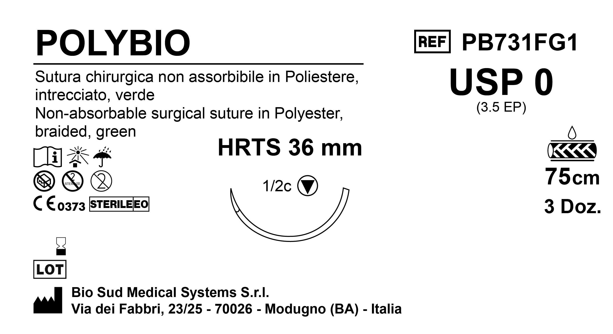 Sutura Polybio HRTS36 USP 0 - EP 3.5 75 cm Green Box 36 pcs