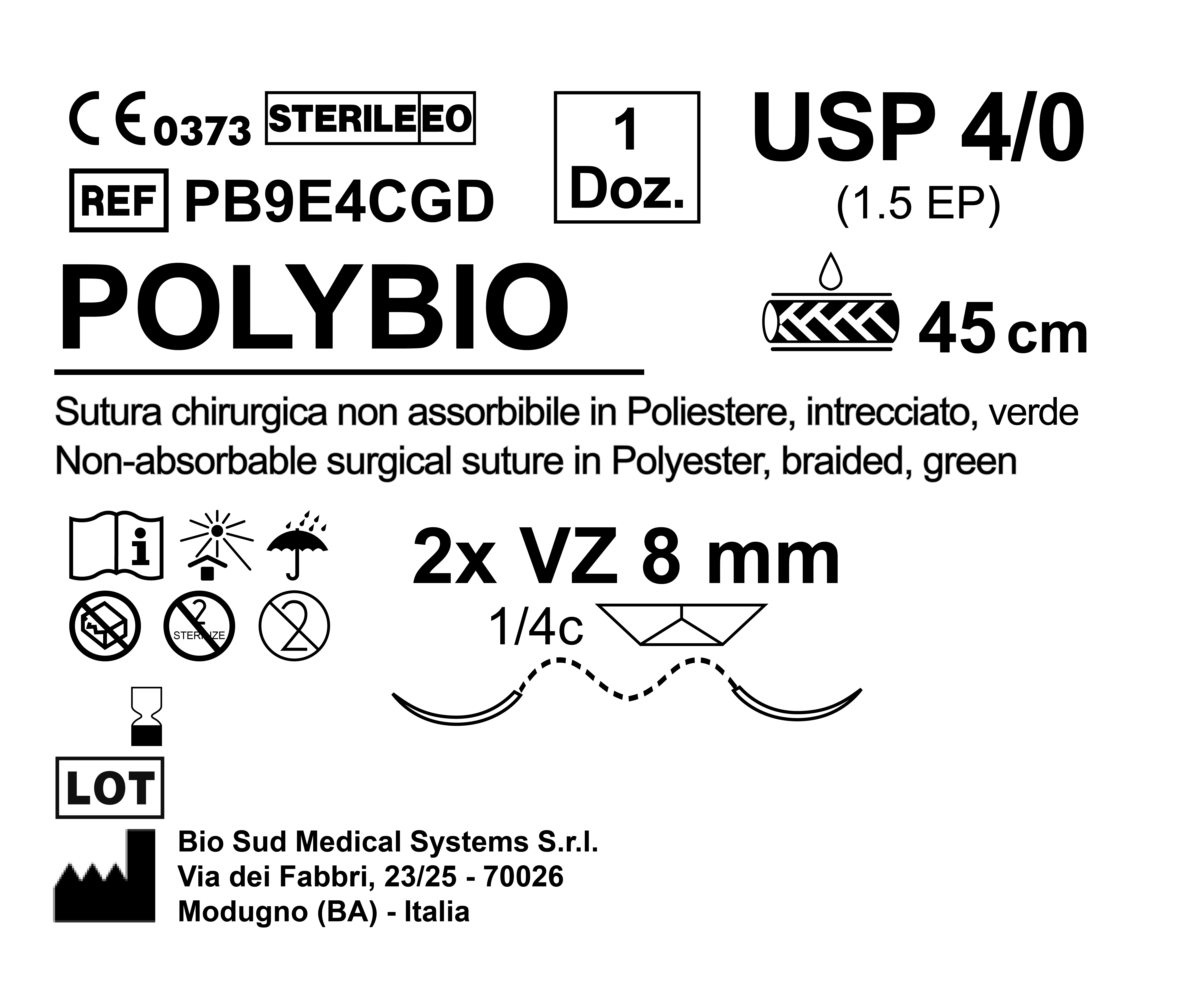Sutura Polybio VZ 8 USP 4-0  - EP 1.5 45 cm Green Double Armed  N.12 Bs. per Box
