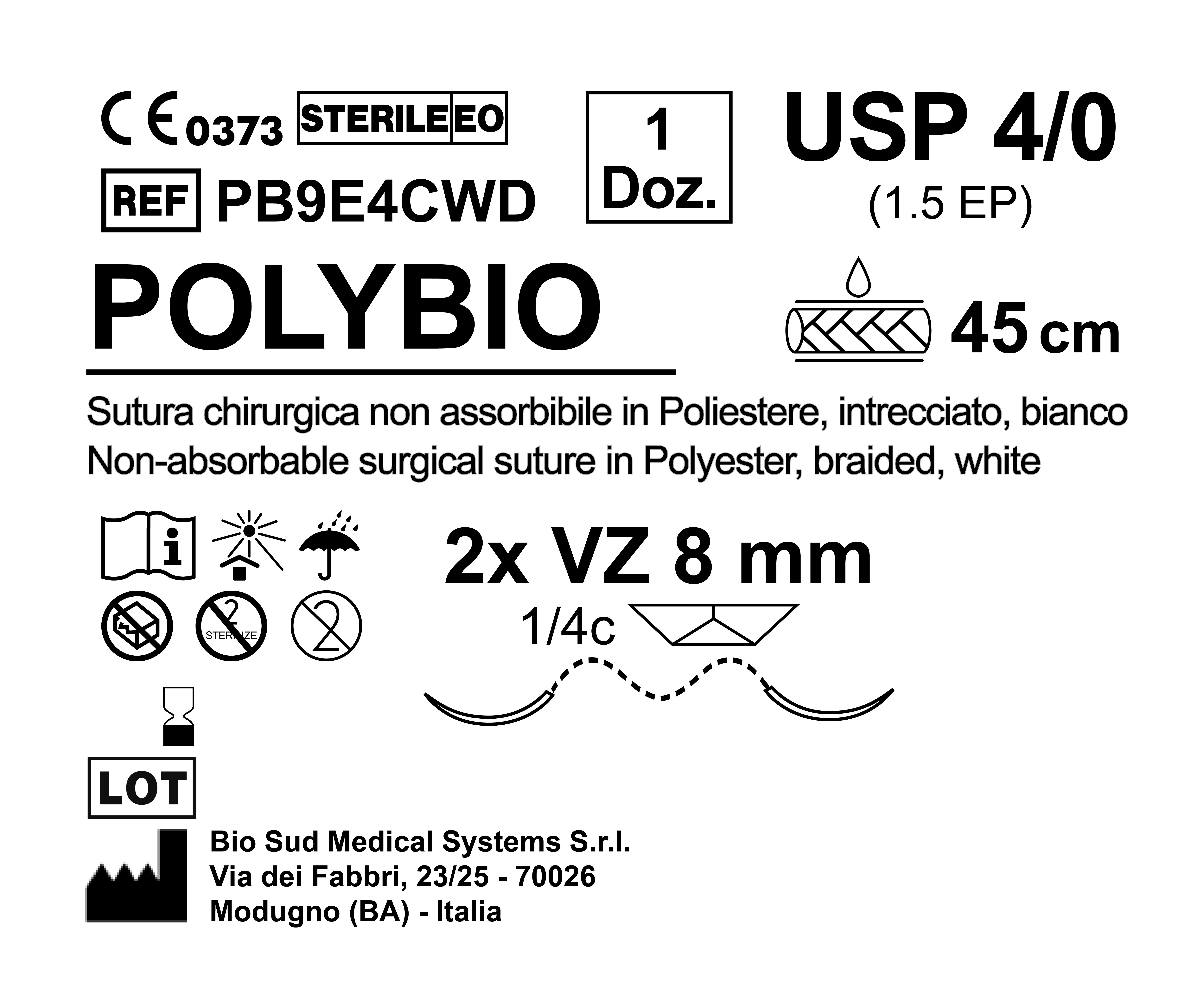 Sutura Polybio VZ 8 USP 4-0  - EP 1.5 45 cm White Double Armed  N.12 Bs. per Box