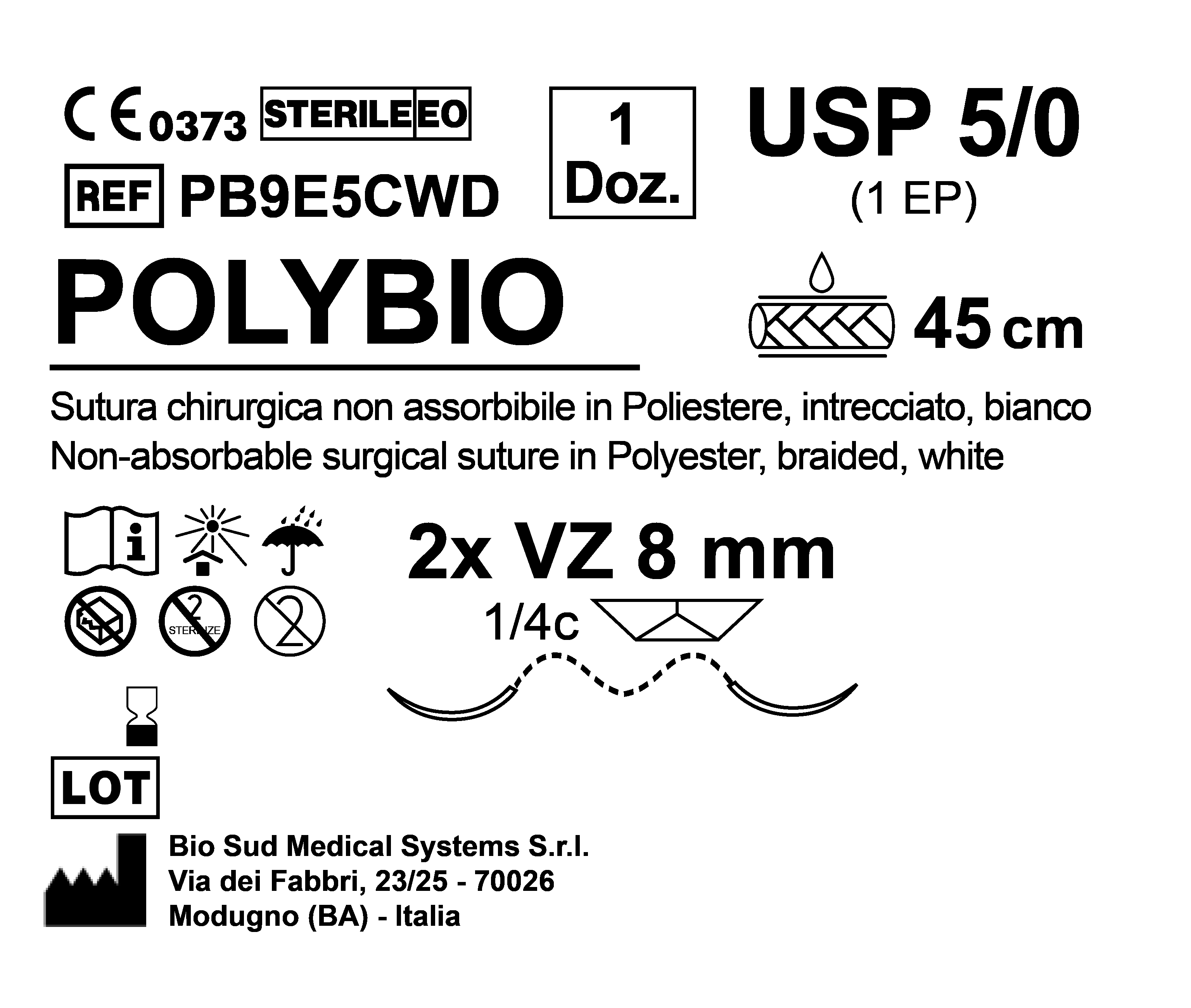 Sutura Polybio VZ 8 USP 5-0 - EP 1 45 cm White Double Armed  N.12 Bs. per Box