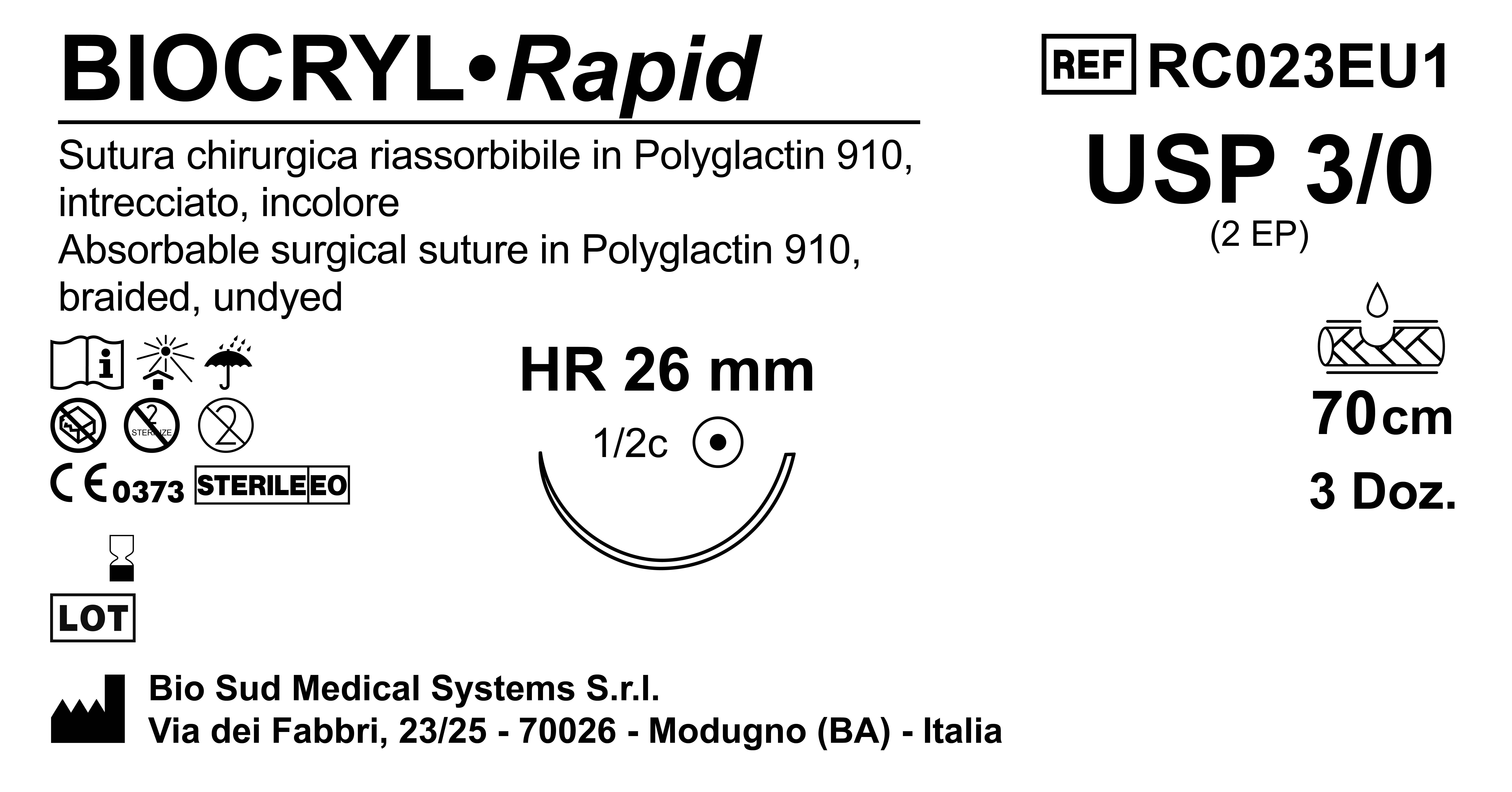Sutura Biocryl Rapid HR 26 USP 3-0 - EP 2 70 cm Undyed Box 36 pcs