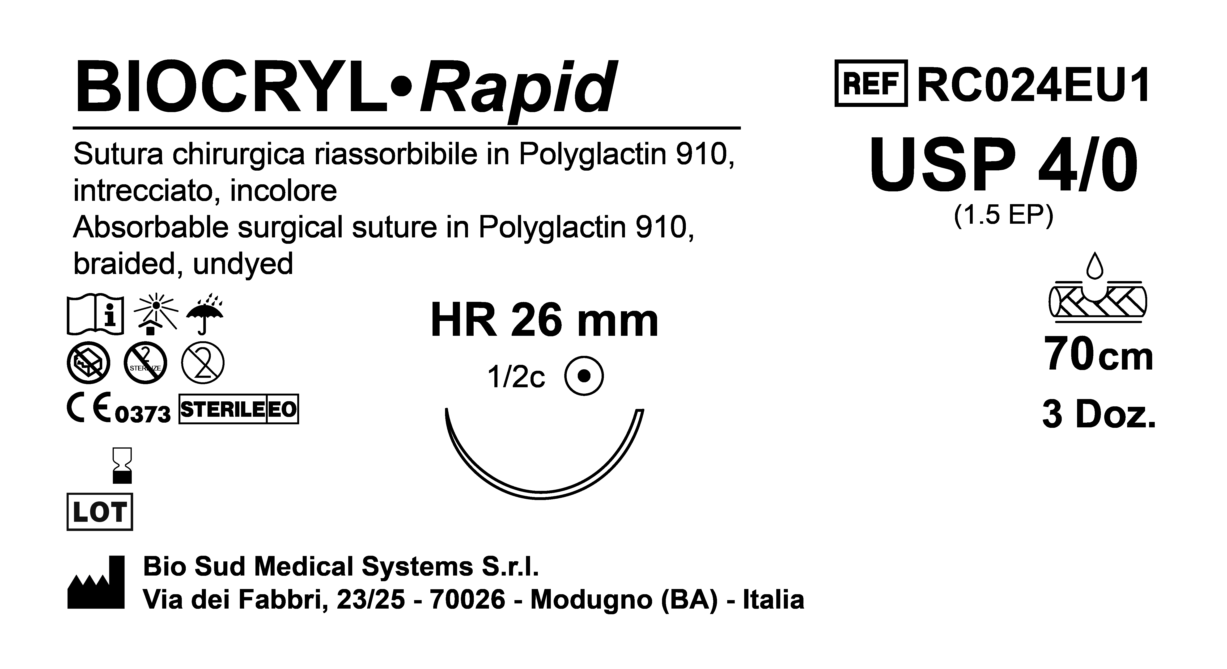 Sutura Biocryl Rapid HR 26 USP 4-0  - EP 1.5 70 cm Undyed Box 36 pcs