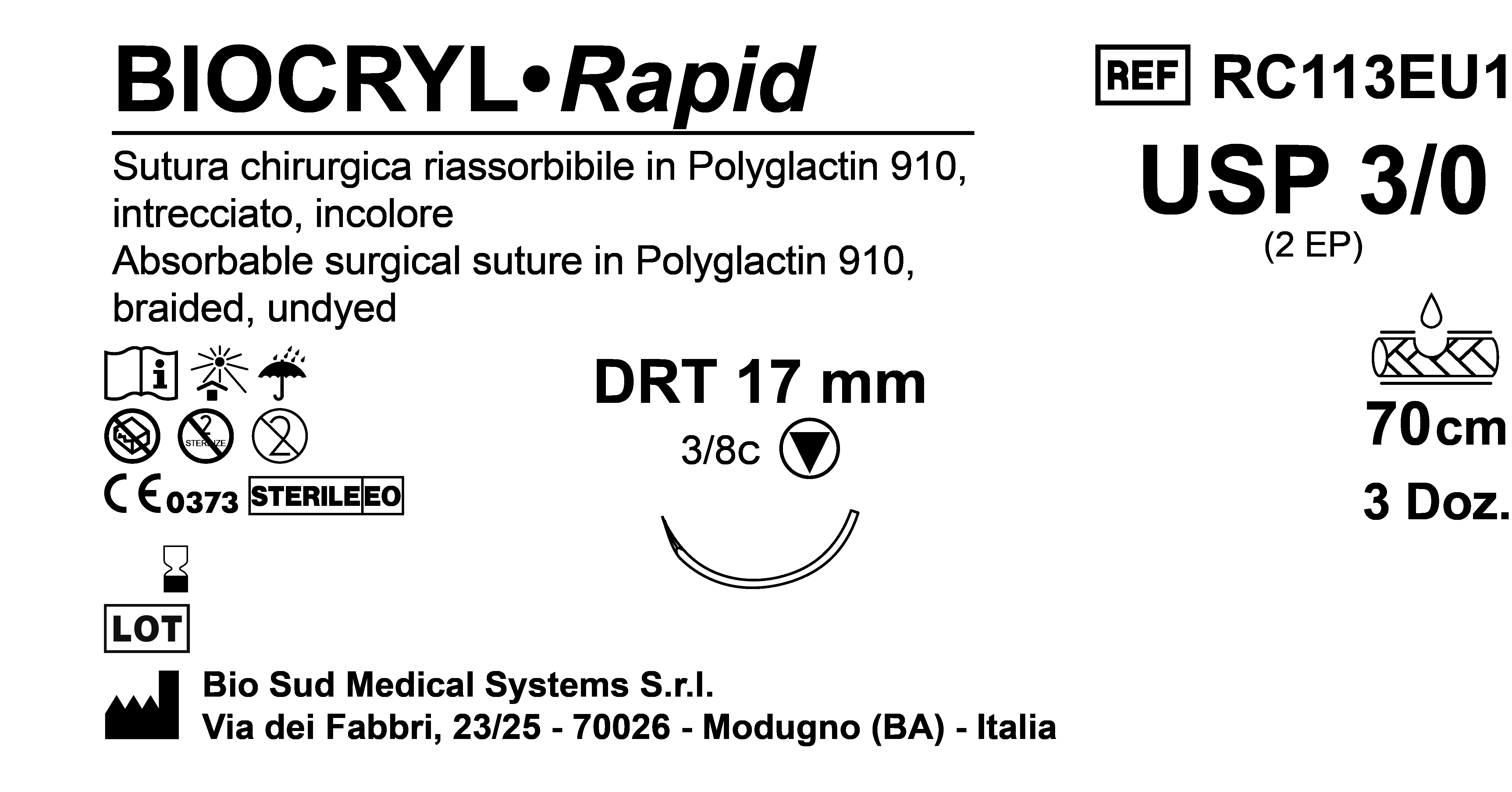 Sutura Biocryl Rapid DRT 17 USP 3-0 - EP 2 70 cm Undyed Box 36 pcs