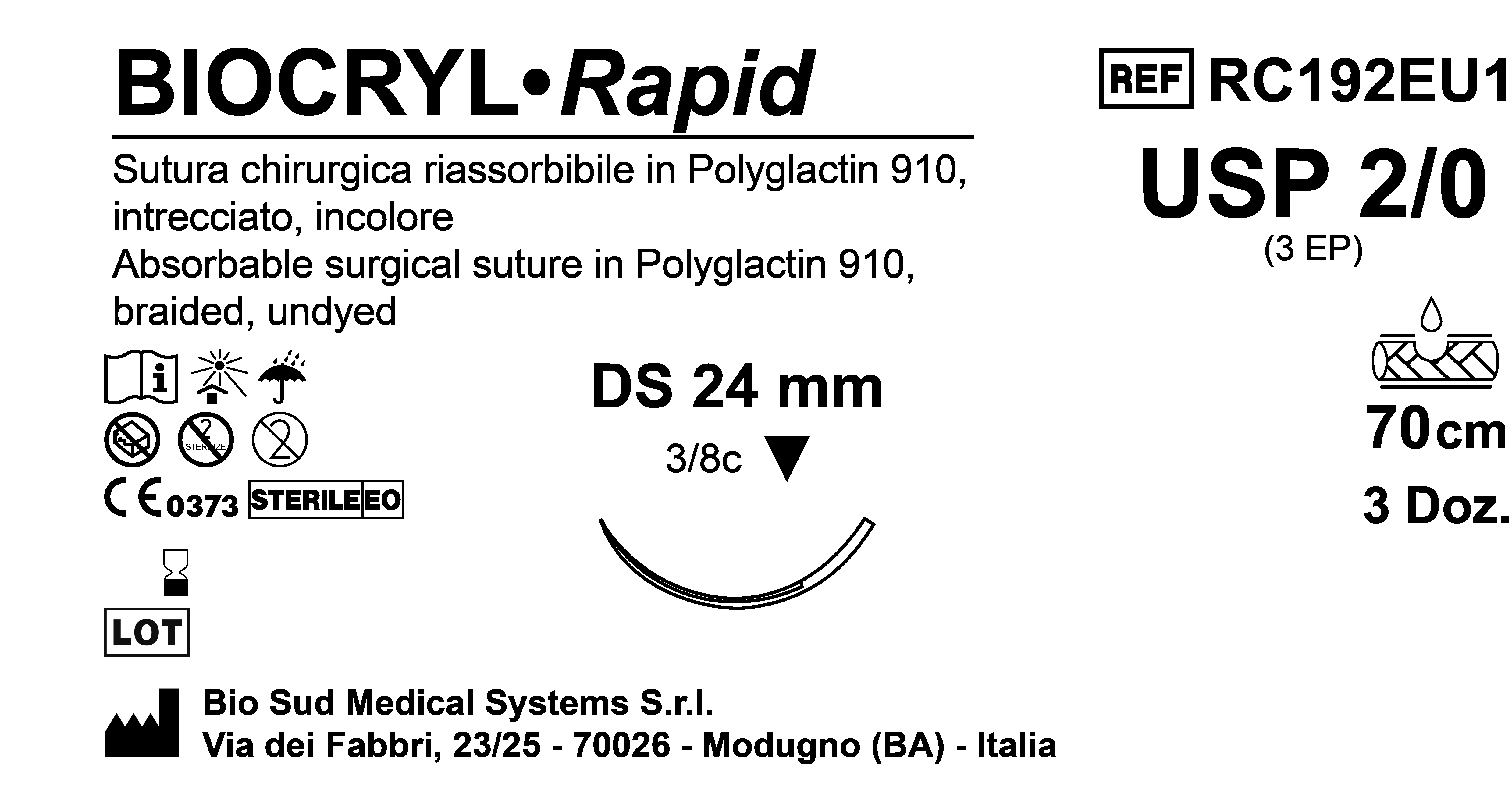Sutura Biocryl Rapid DS 24 USP 2-0 - EP 3 70 cm Undyed Box 36 pcs