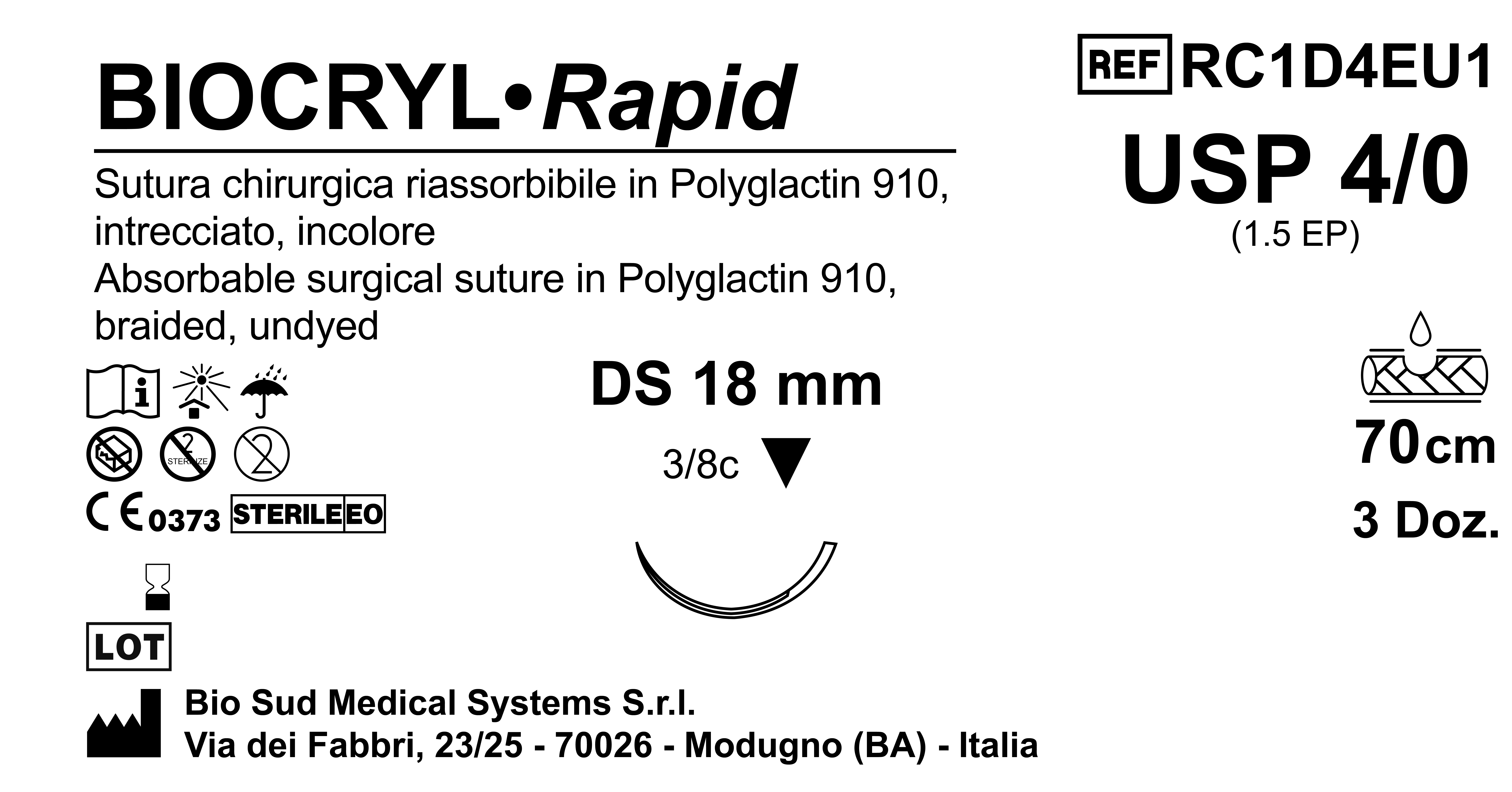 Sutura Biocryl Rapid DS 18 USP 4-0  - EP 1.5 70 cm Undyed Box 36 pcs