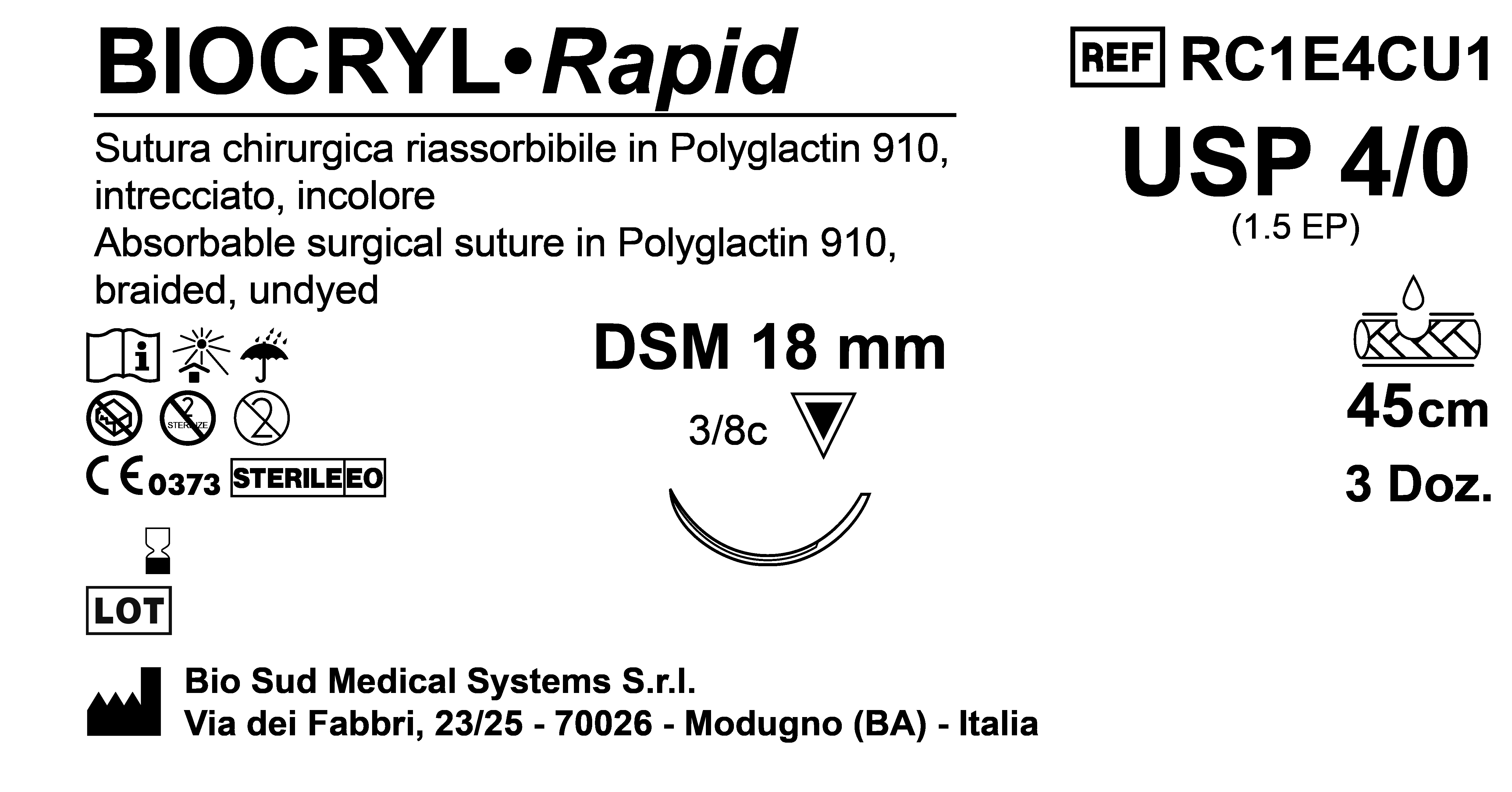 Sutura Biocryl Rapid DSM 18 USP 4-0  - EP 1.5 45 cm Undyed Box 36 pcs