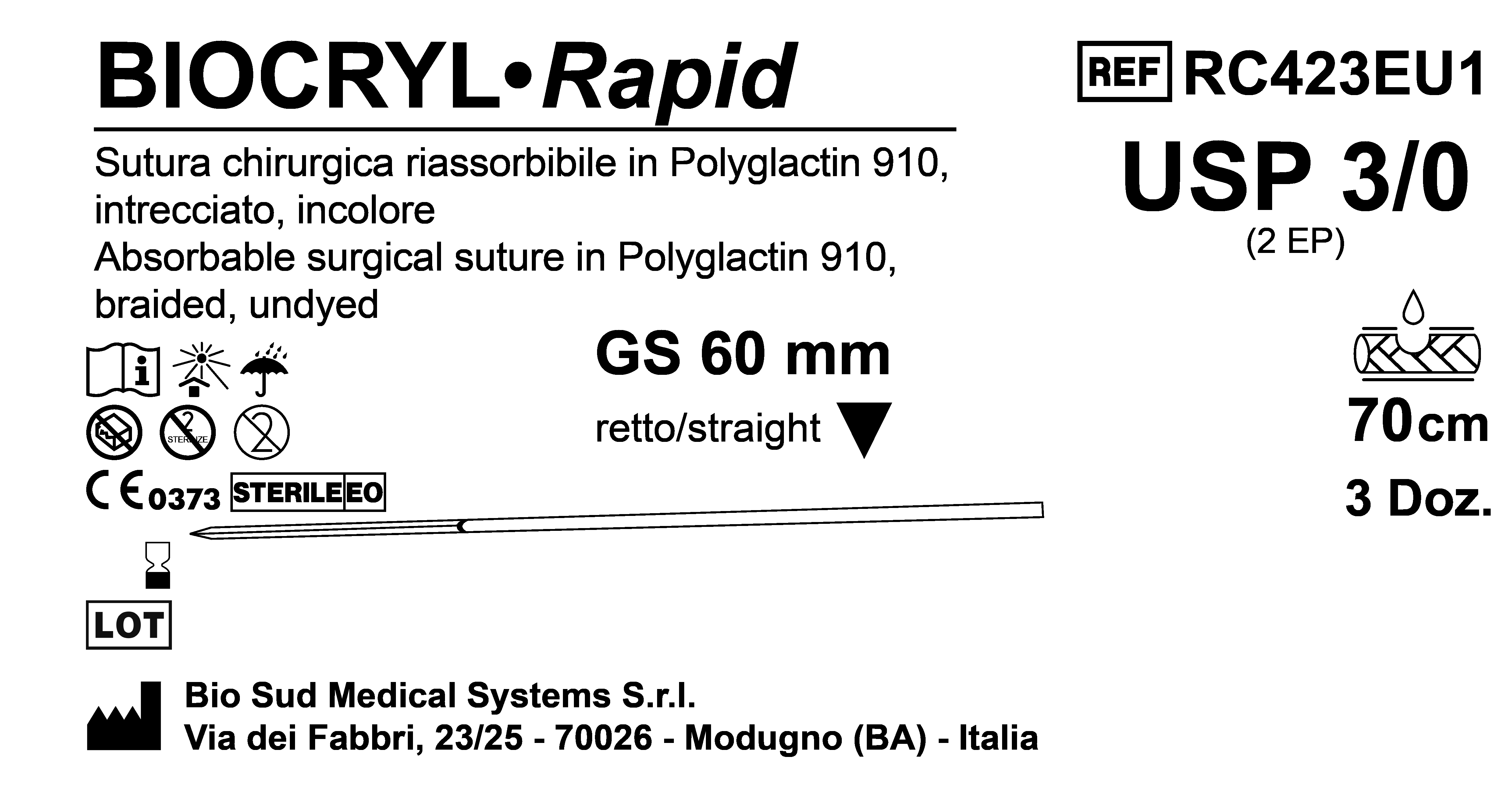 Sutura Biocryl Rapid GS 60 USP 3-0 - EP 2 70 cm Undyed Box 36 pcs