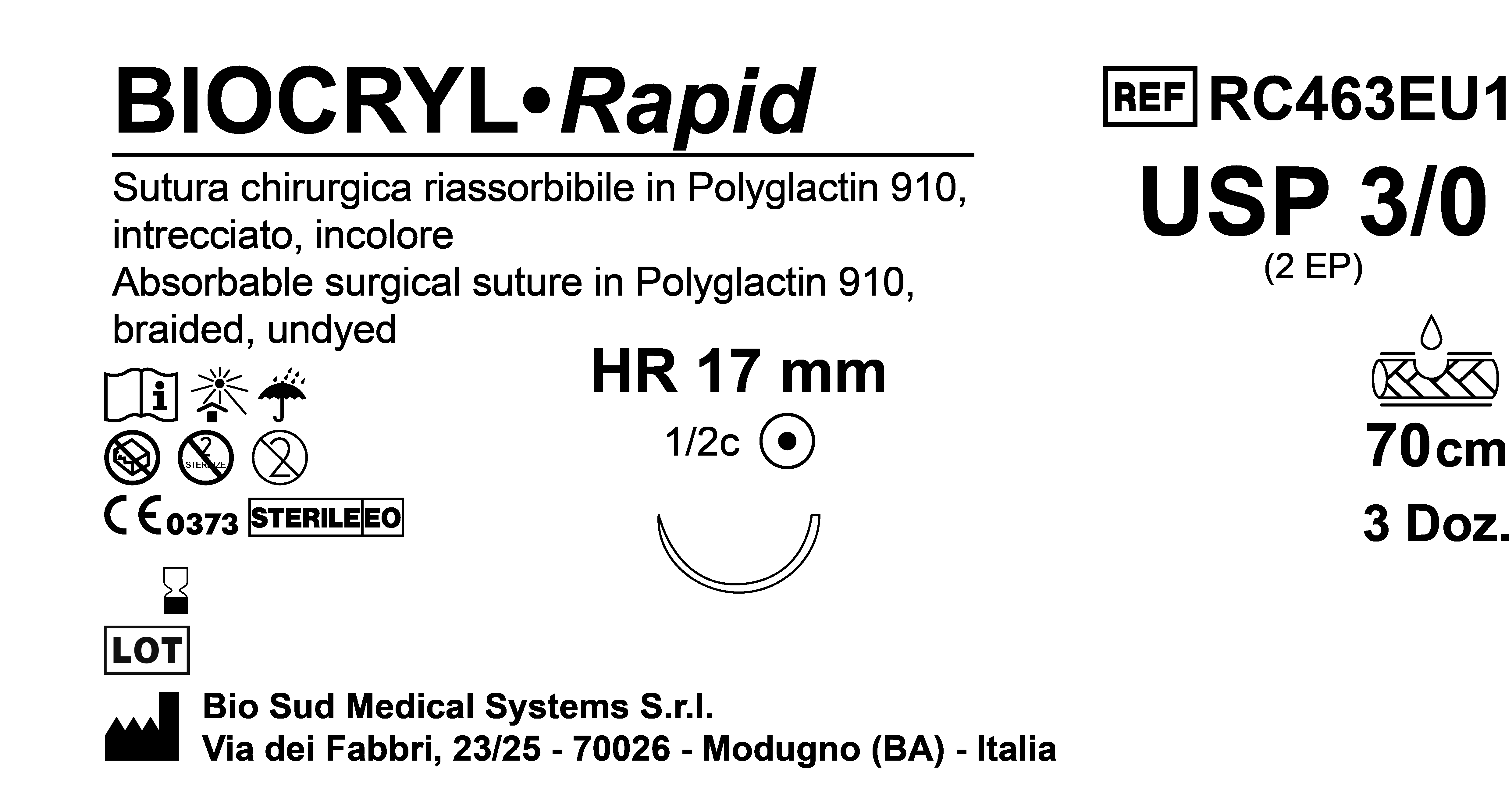 Sutura Biocryl Rapid HR 17 USP 3-0 - EP 2 70 cm Undyed Box 36 pcs