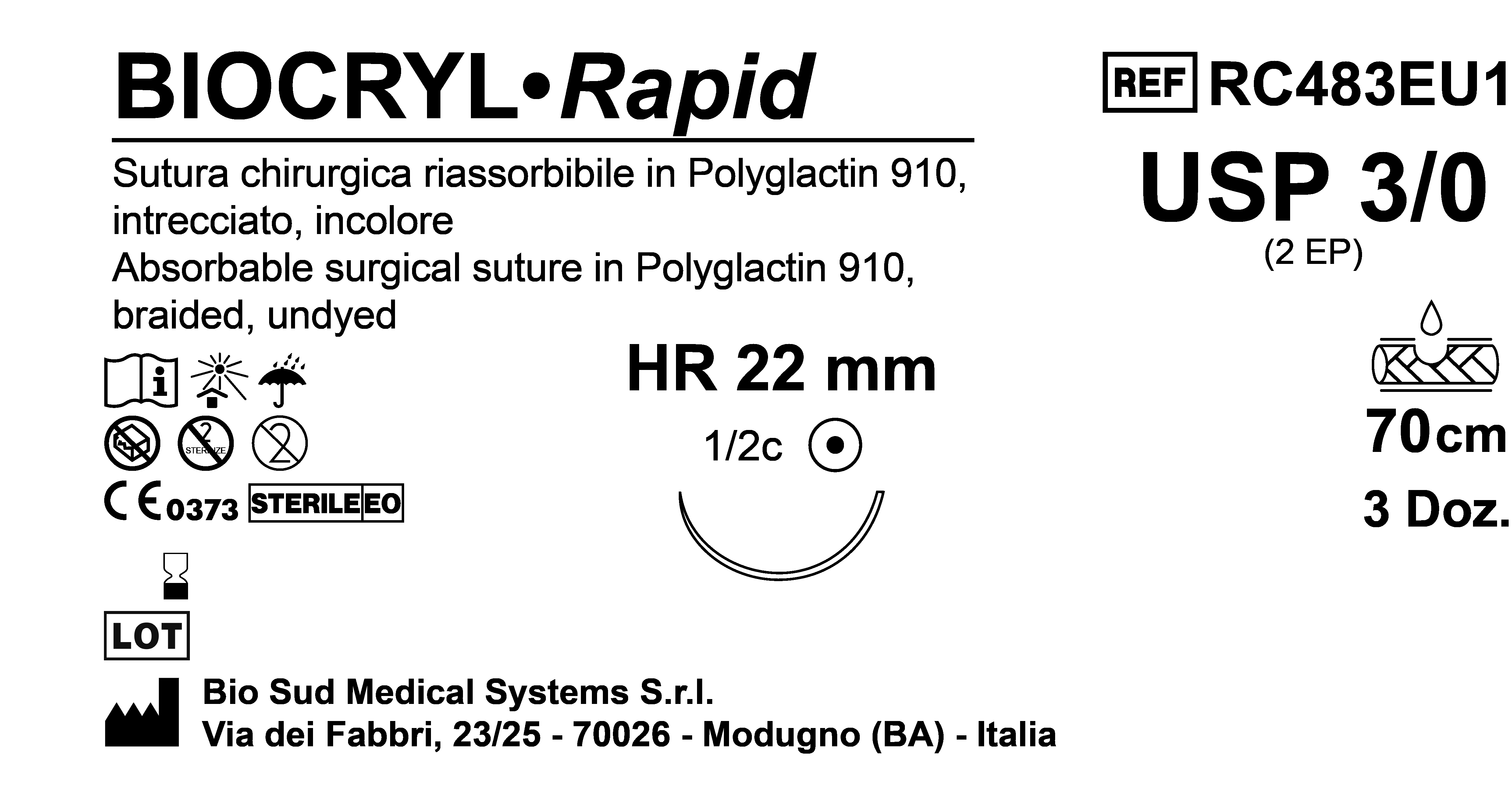 Sutura Biocryl Rapid HR 22 USP 3-0 - EP 2 70 cm Undyed Box 36 pcs