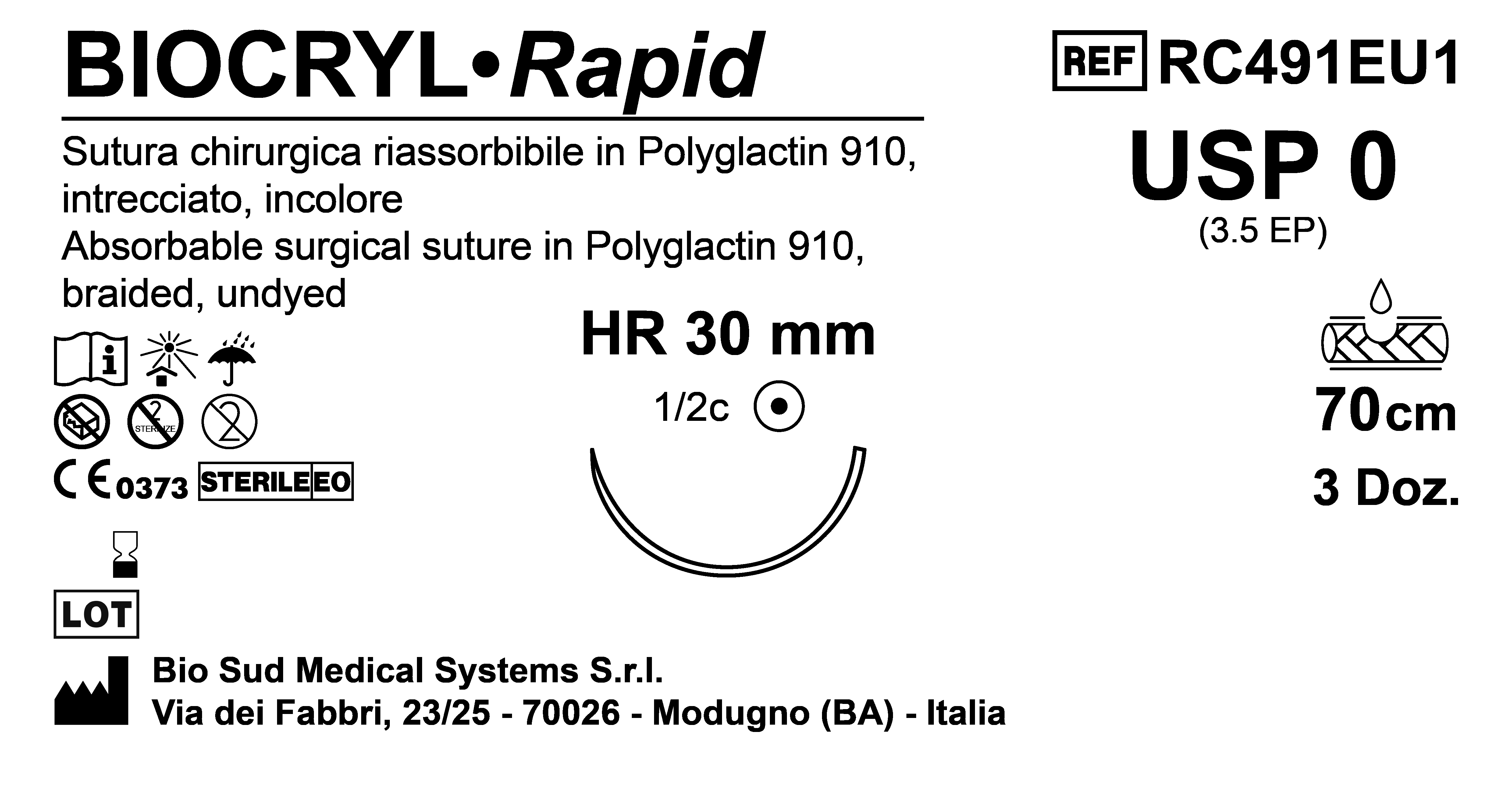 Sutura Biocryl Rapid HR 30 USP 0 - EP 3.5 70 cm Undyed Box 36 pcs