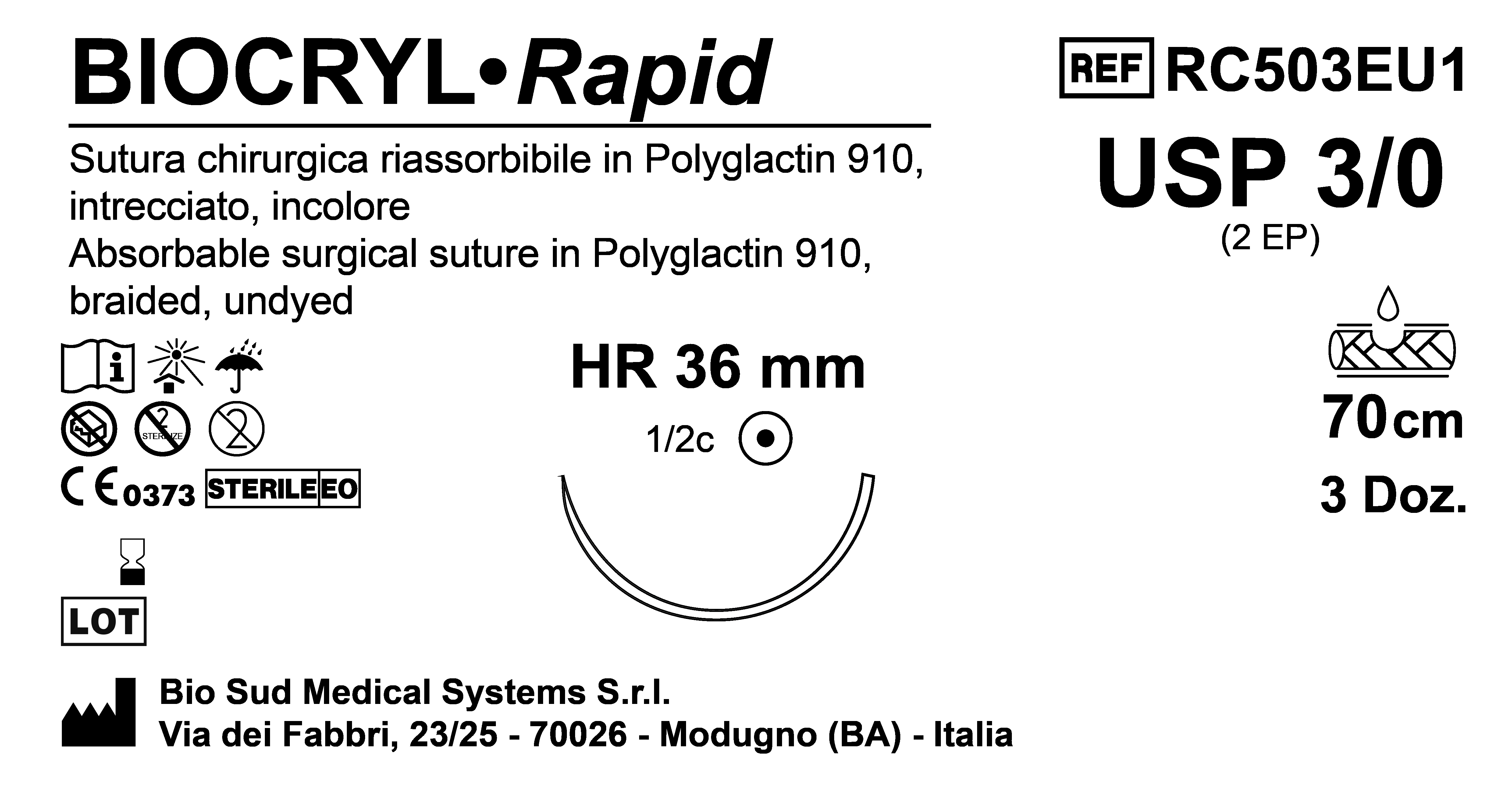 Sutura Biocryl Rapid HR 36 USP 3-0 - EP 2 70 cm Undyed Box 36 pcs