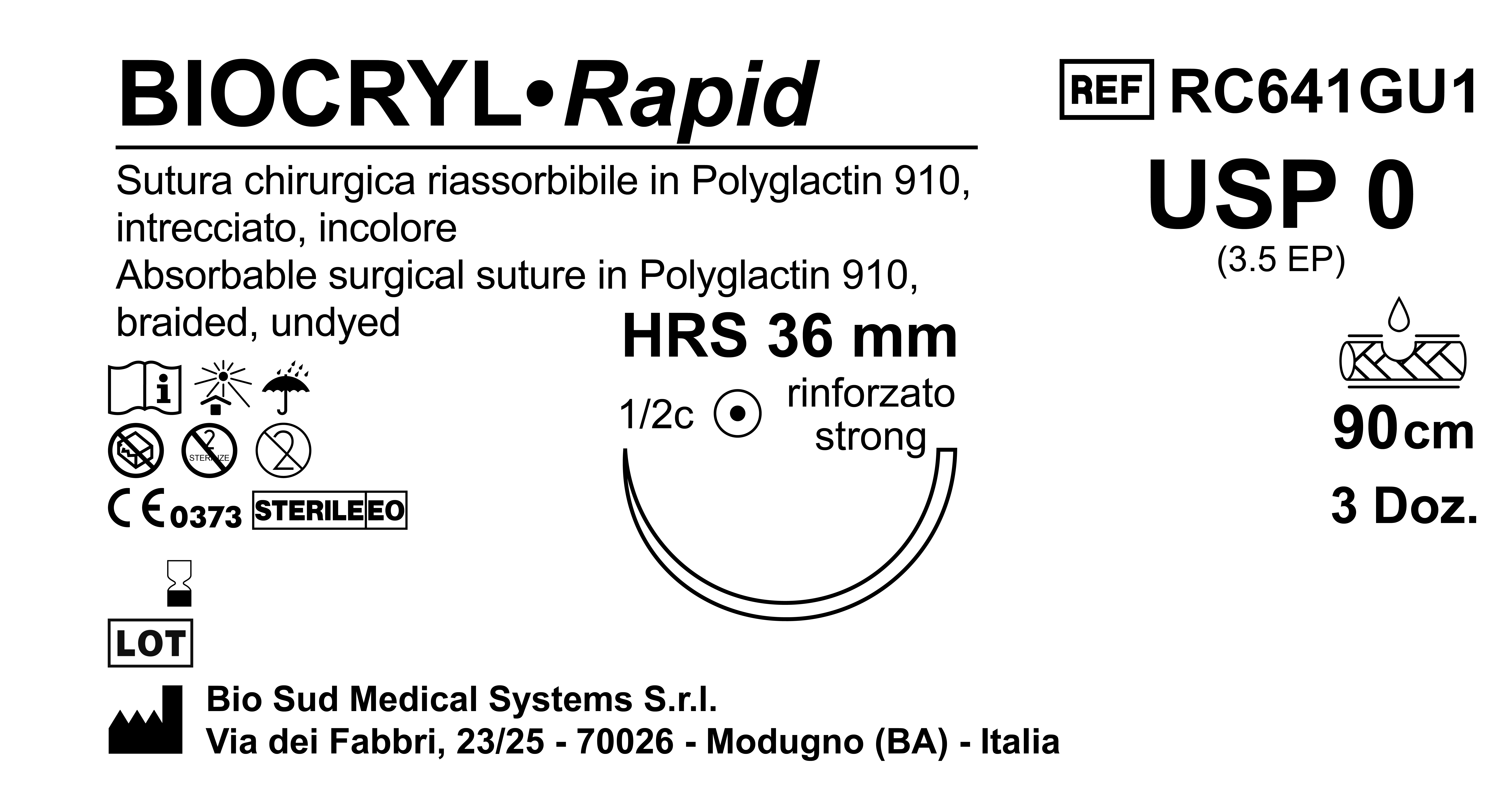 Sutura Biocryl Rapid HRS 36 USP 0 - EP 3.5 90 cm Undyed Box 36 pcs