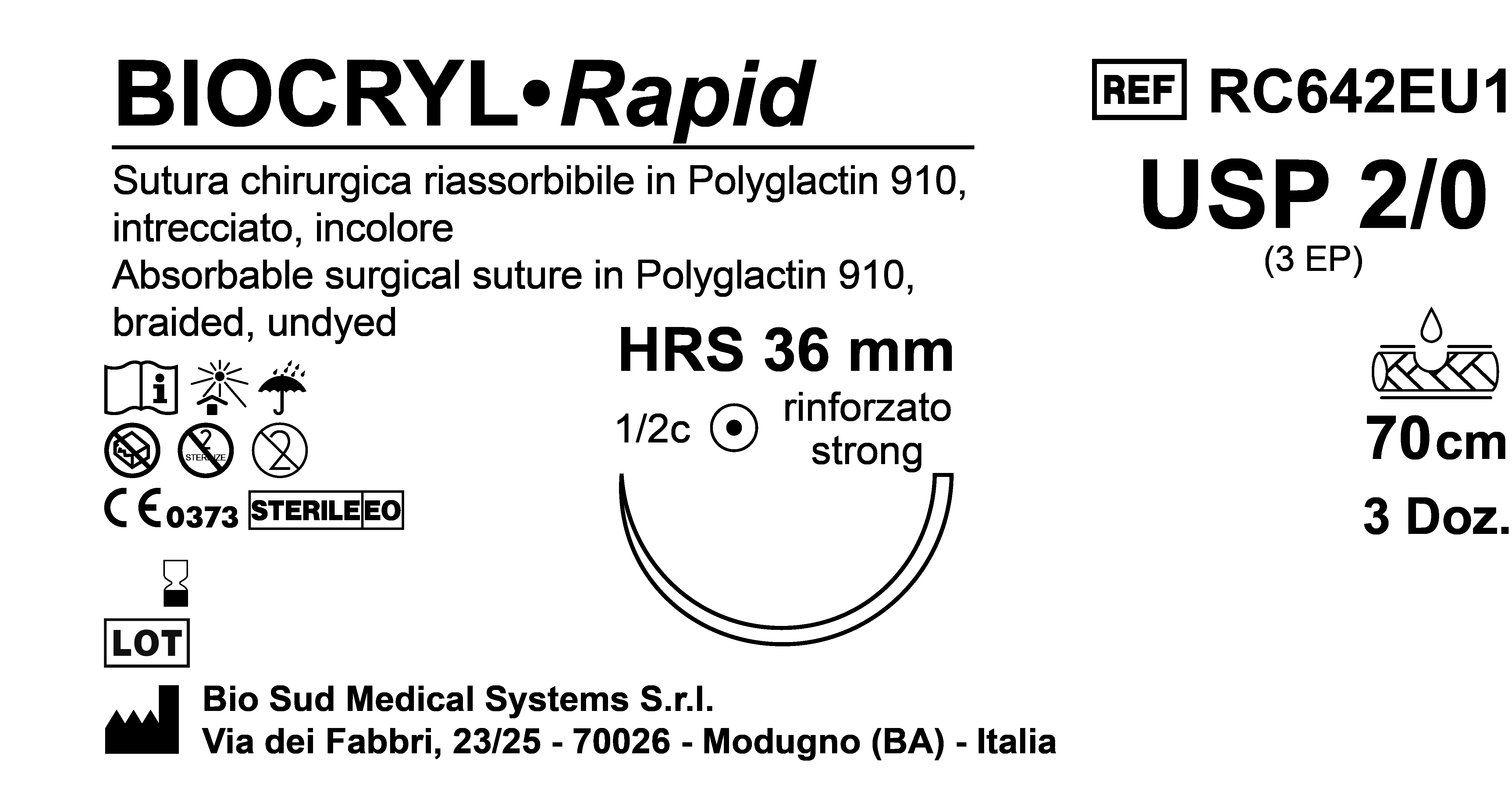 Sutura Biocryl Rapid HRS36 USP 2-0 - EP 3 70 cm Undyed Box 36 pcs