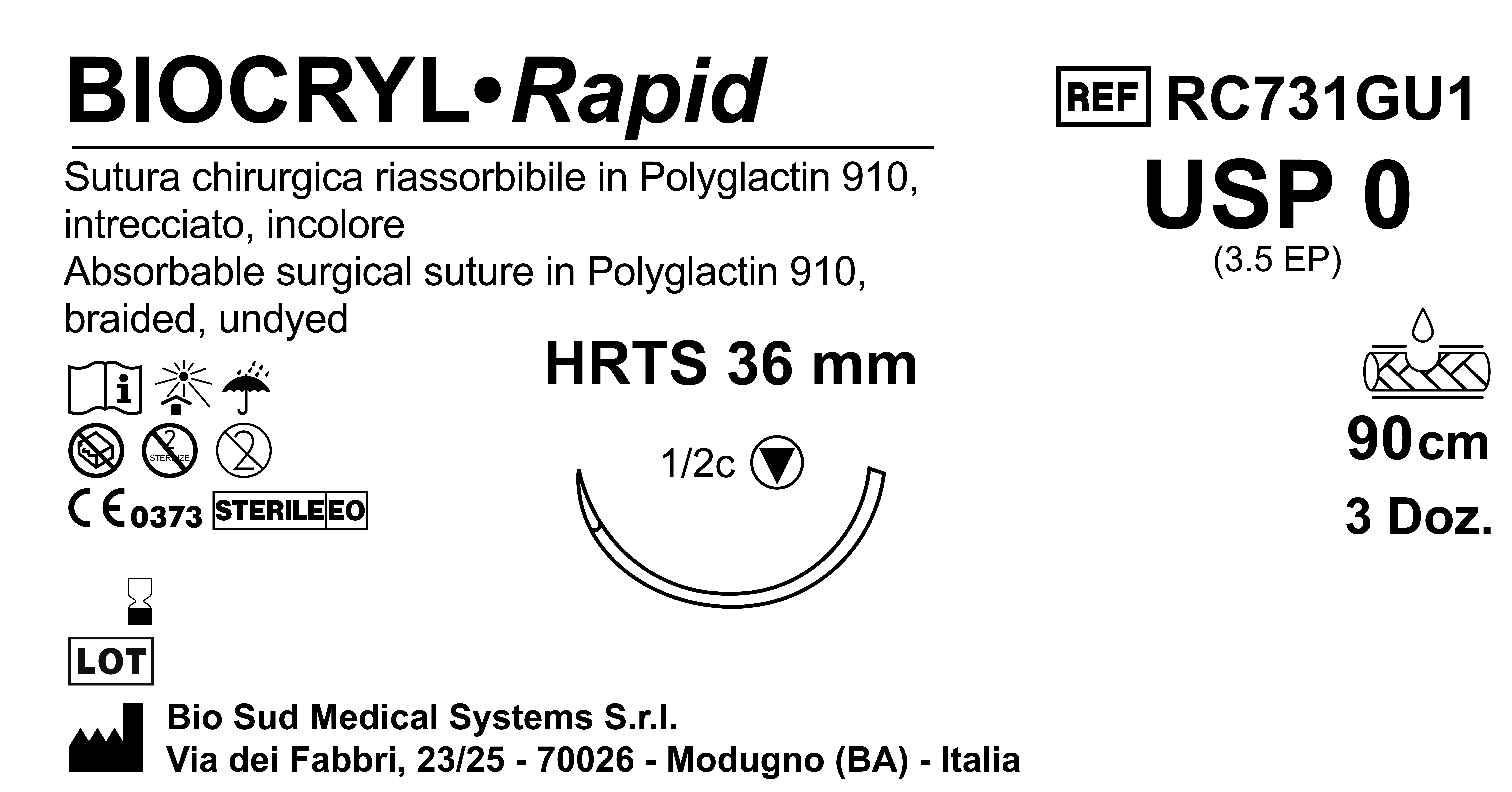Sutura Biocryl Rapid HRTS 36 USP 0 - EP 3.5 90 cm Undyed Box 36 pcs