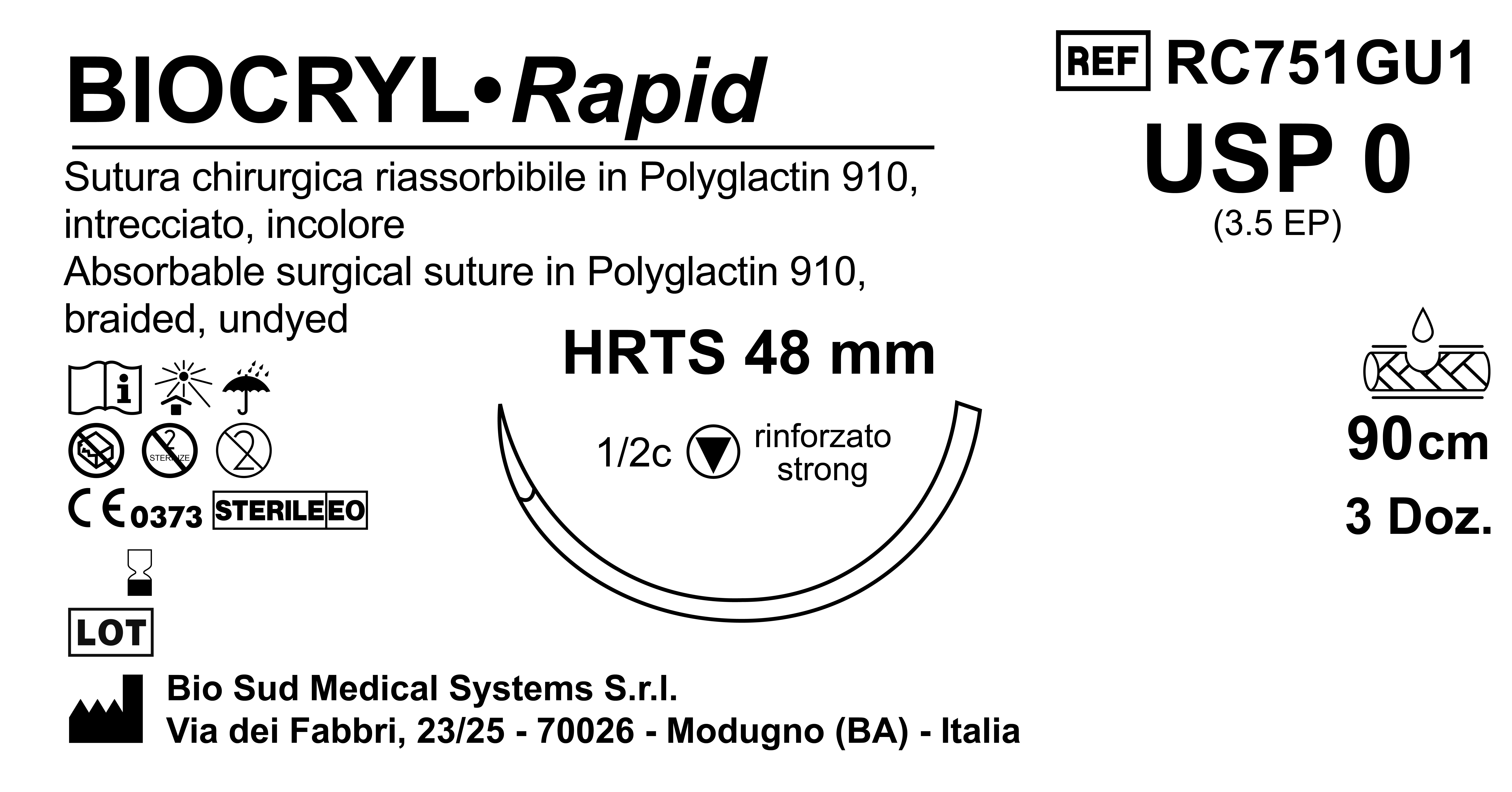 Sutura Biocryl Rapid HRTS 48 USP 0 - EP 3.5 90 cm Undyed Box 36 pcs