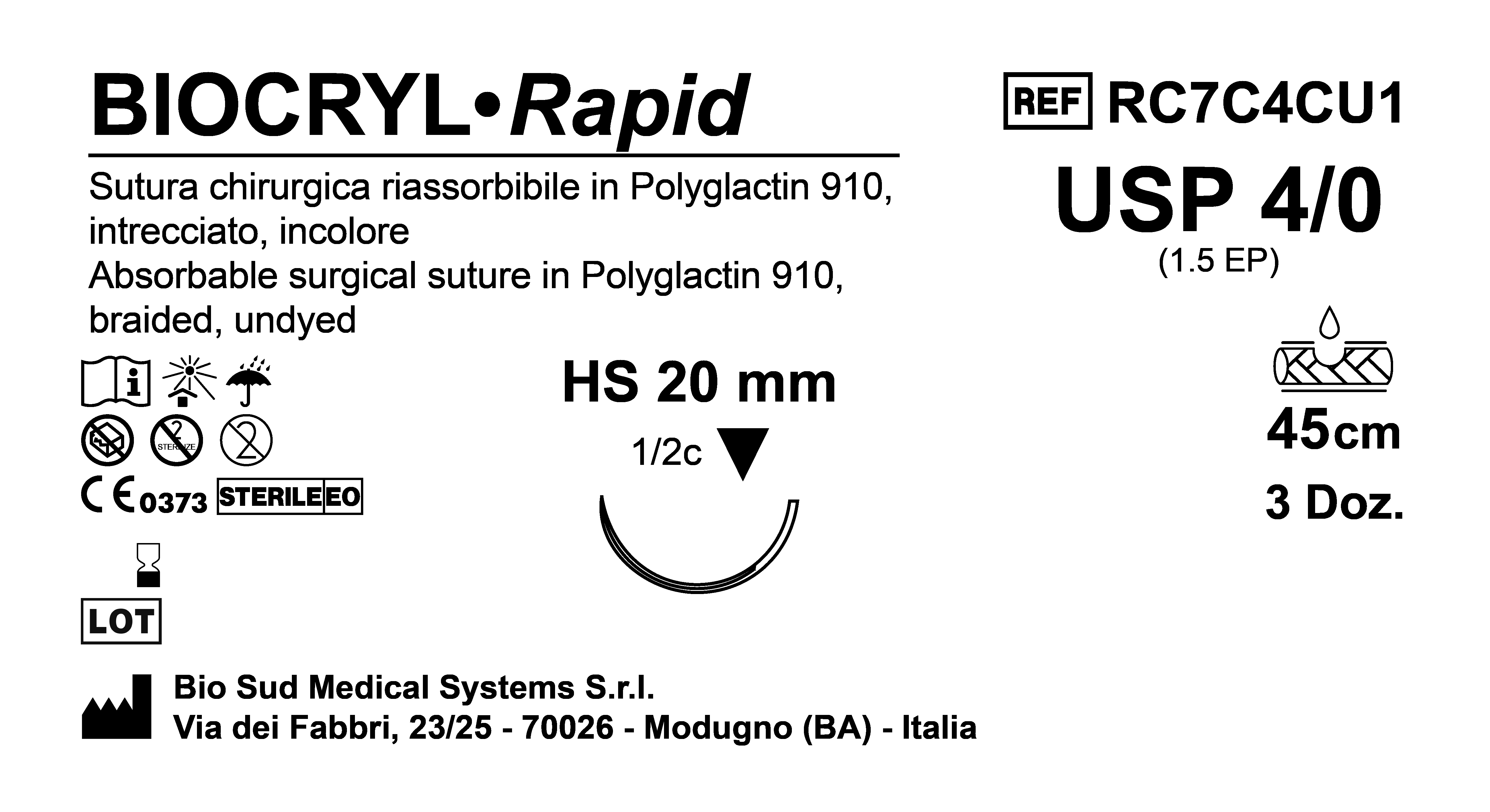 Sutura Biocryl Rapid HS 20 USP 4-0  - EP 1.5 45 cm Undyed Box 36 pcs