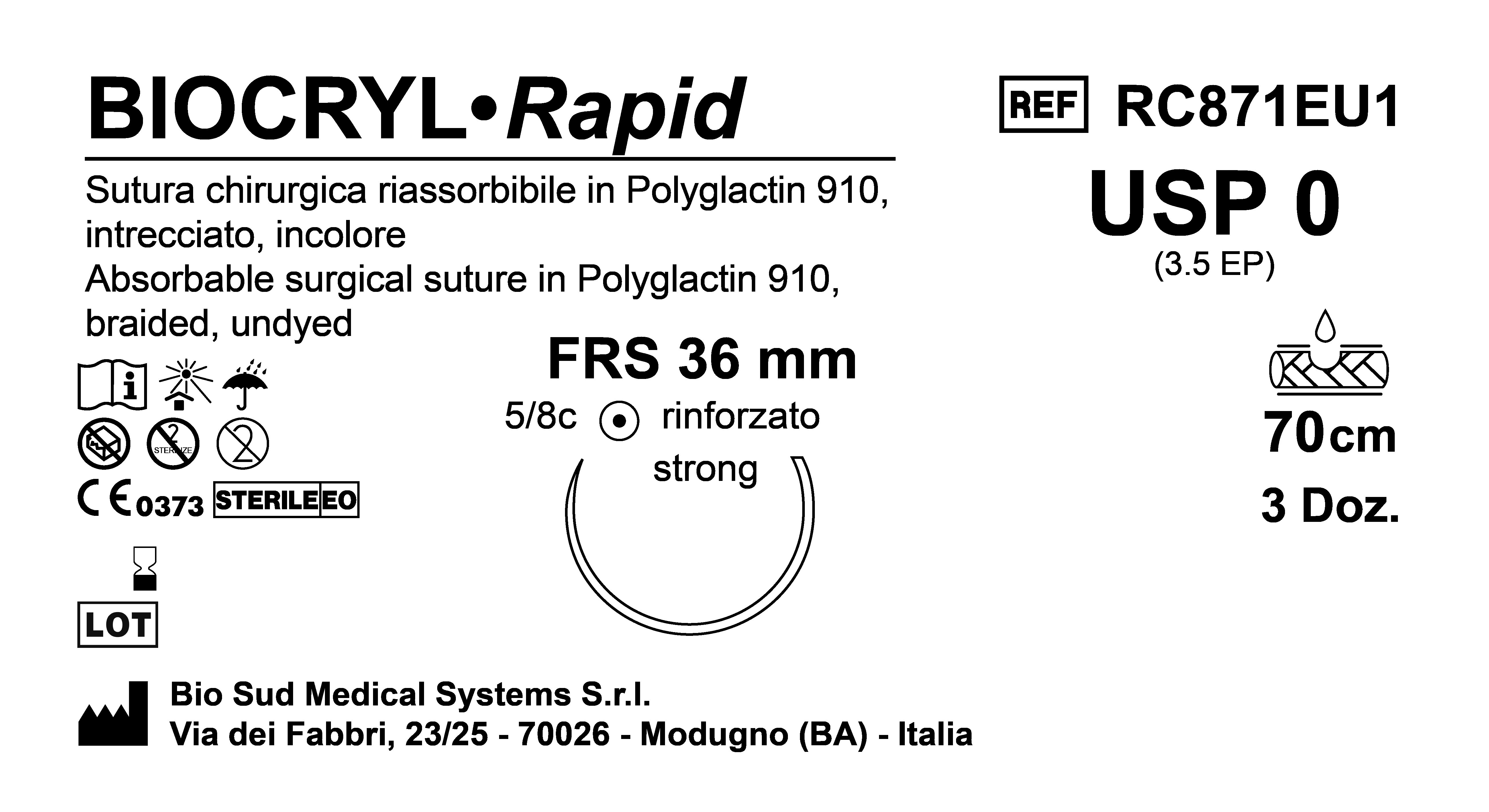 Sutura Biocryl Rapid FRS 36 USP 0 - EP 3.5 70 cm Undyed Box 36 pcs