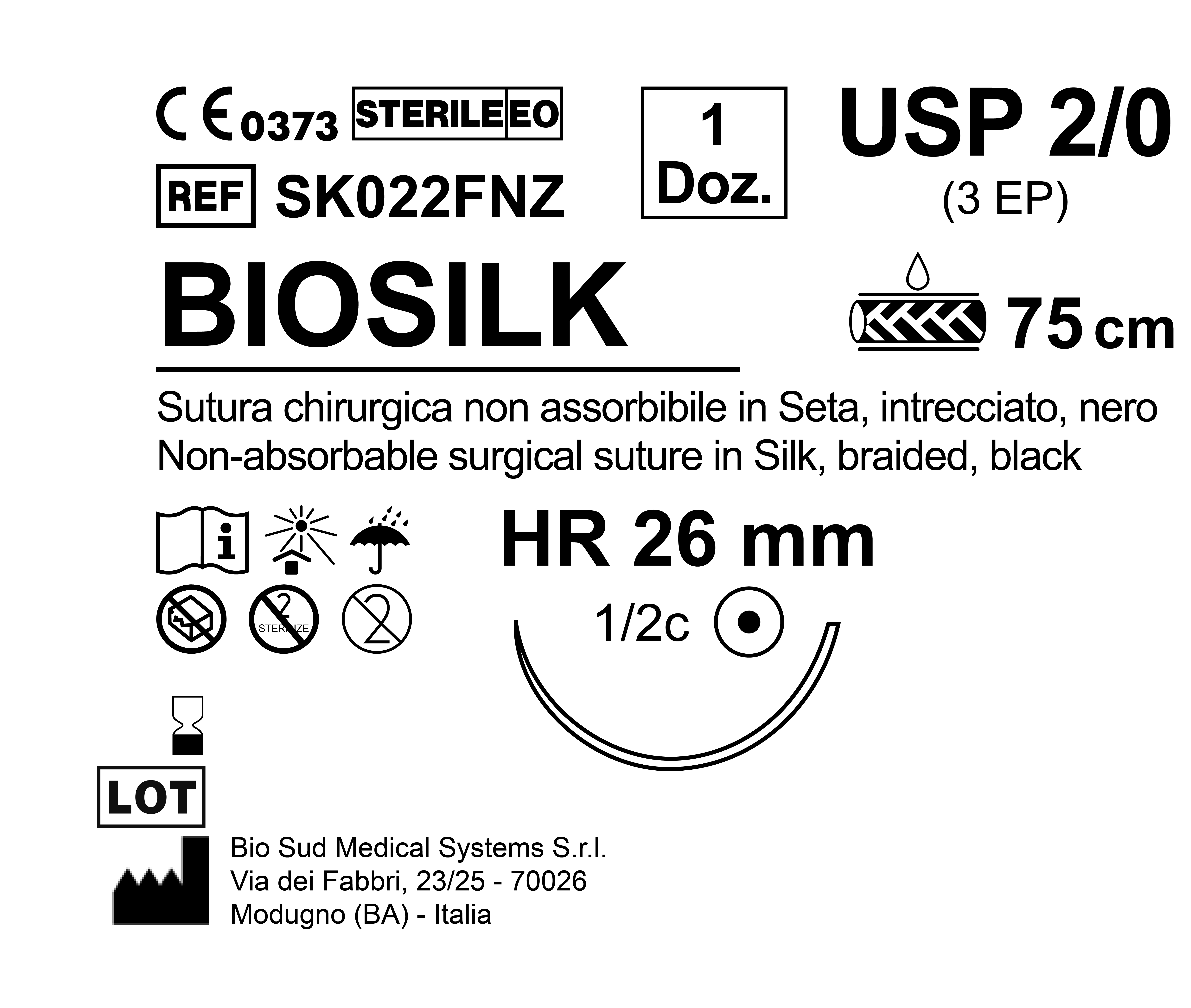 Sutura Biosilk HR 26 USP 2-0 - EP 3 75 cm Black Box 12 pcs