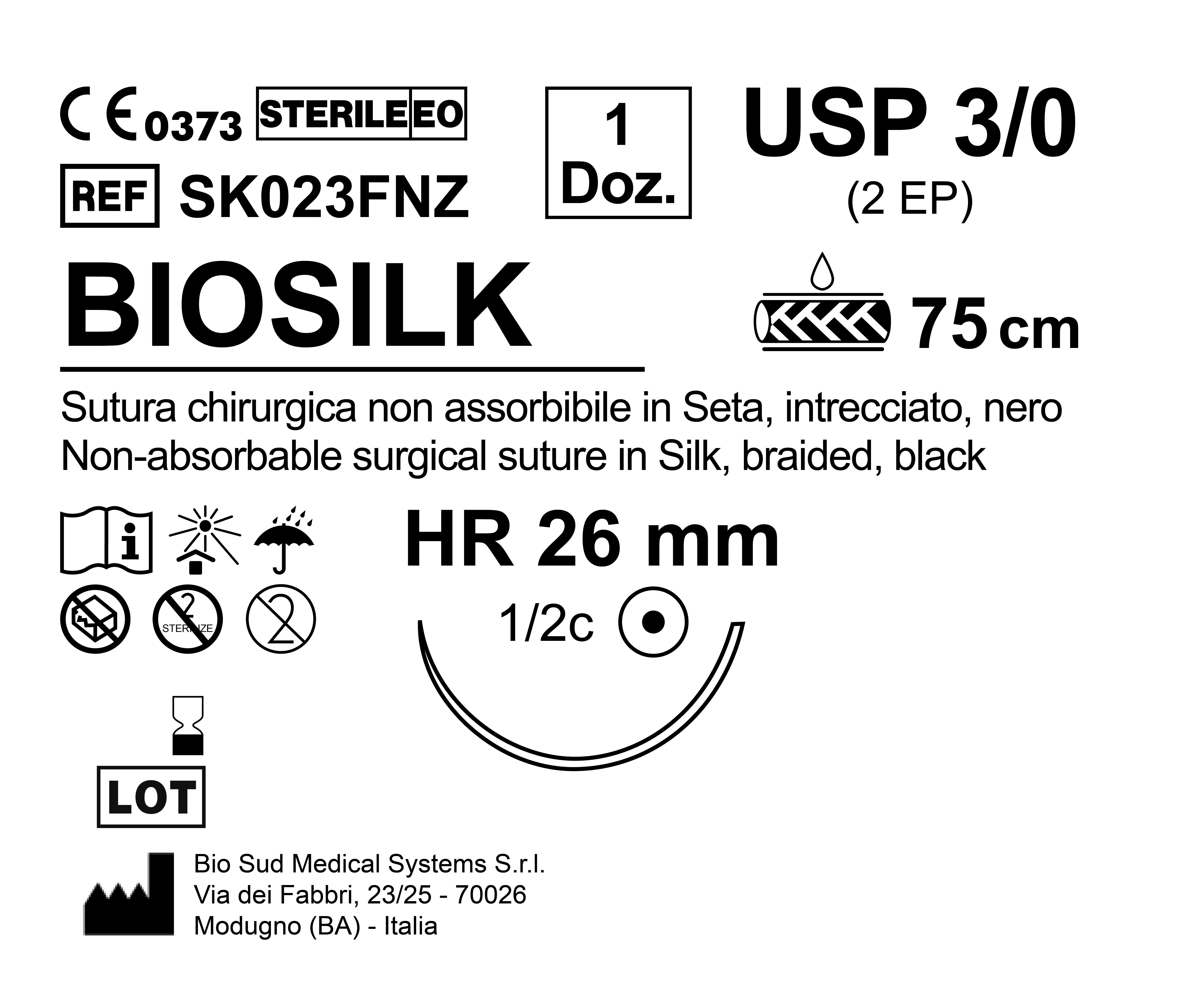 Sutura Biosilk HR 26 USP 3-0 - EP 2 75 cm Black Box 12 pcs