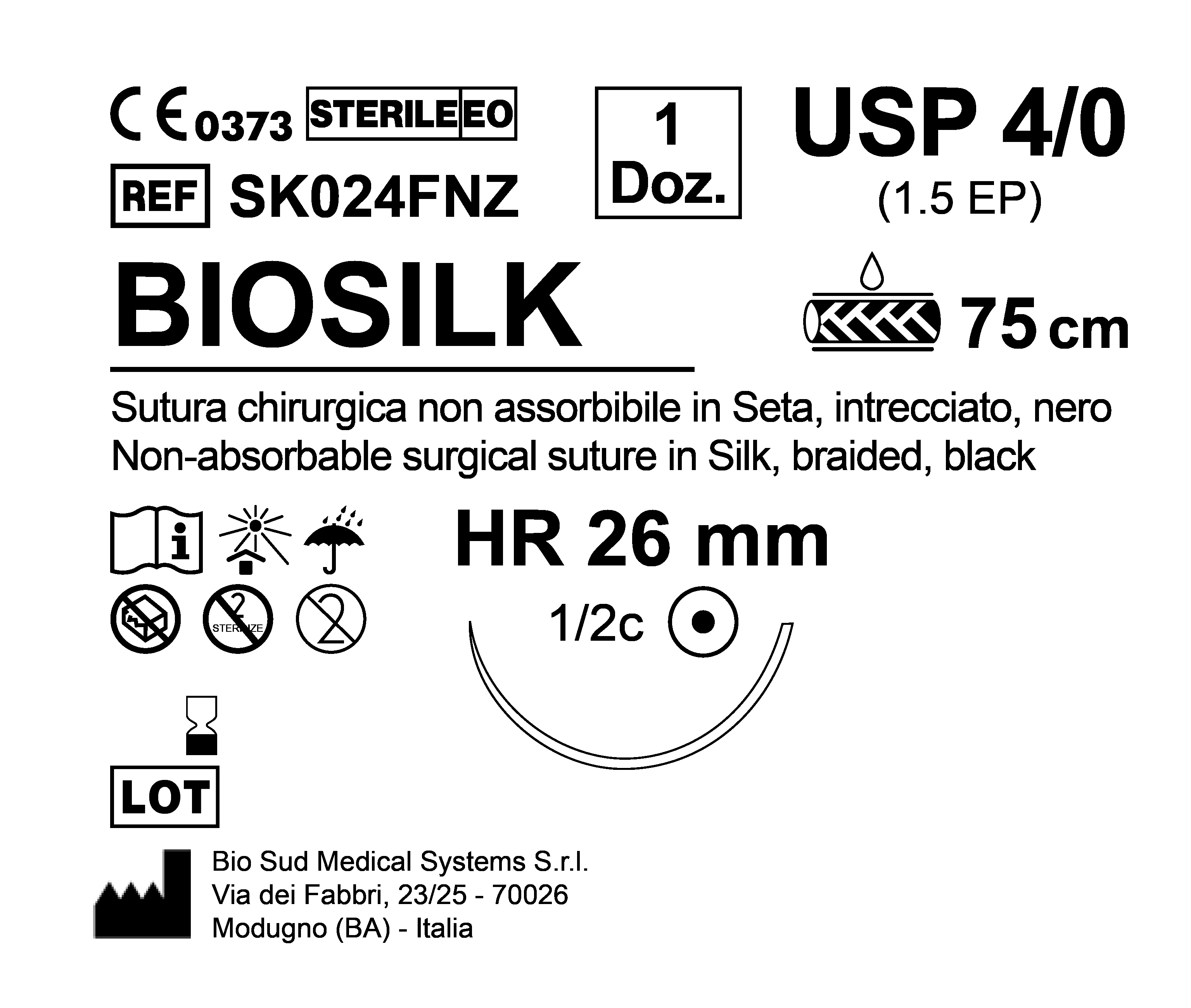 Sutura Biosilk HR 26 USP 4-0  - EP 1.5 75 cm Black Box 12 pcs