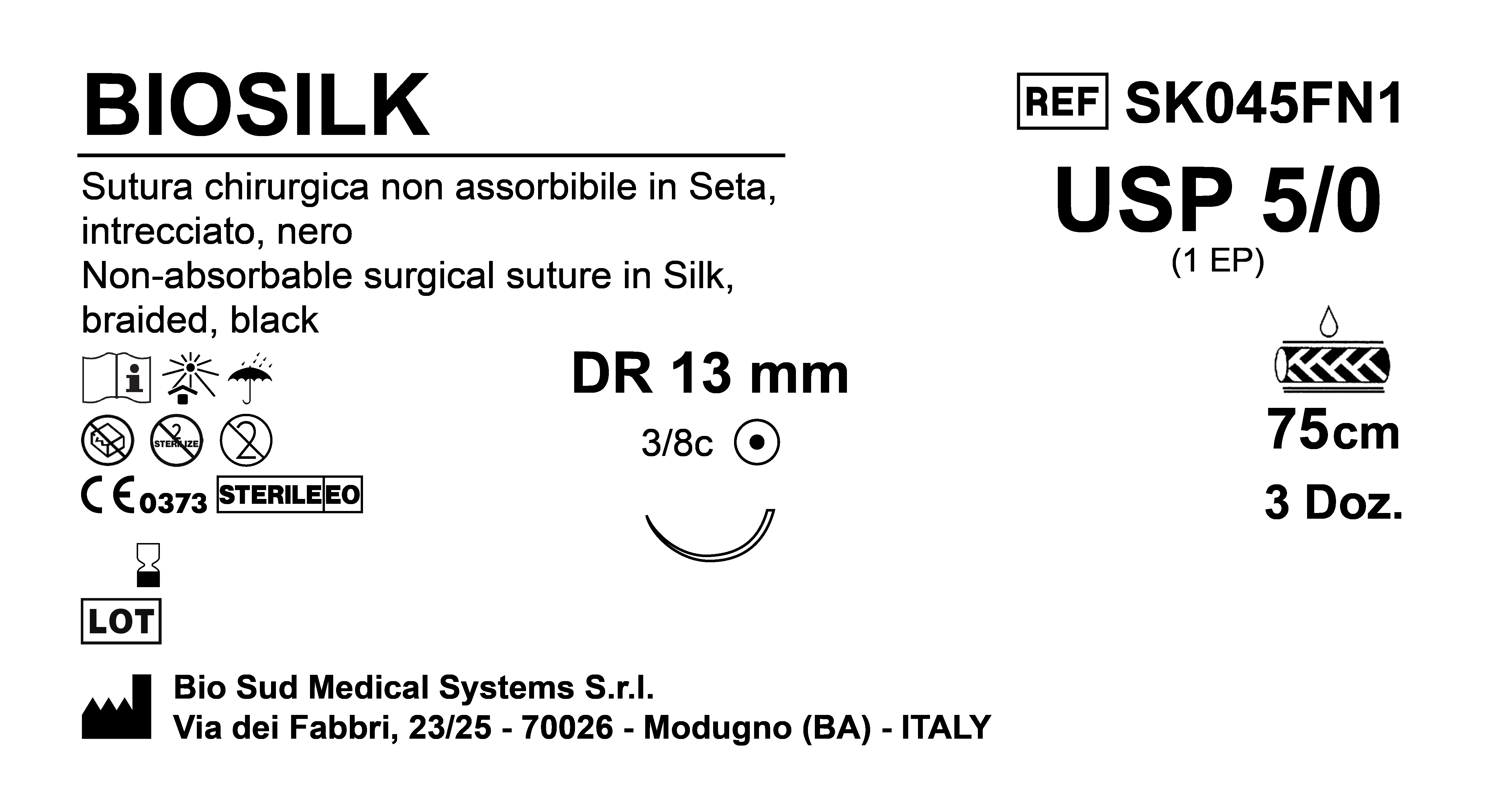 Sutura Biosilk DR13 USP 5-0 - EP 1 75 cm Black Box 36 pcs