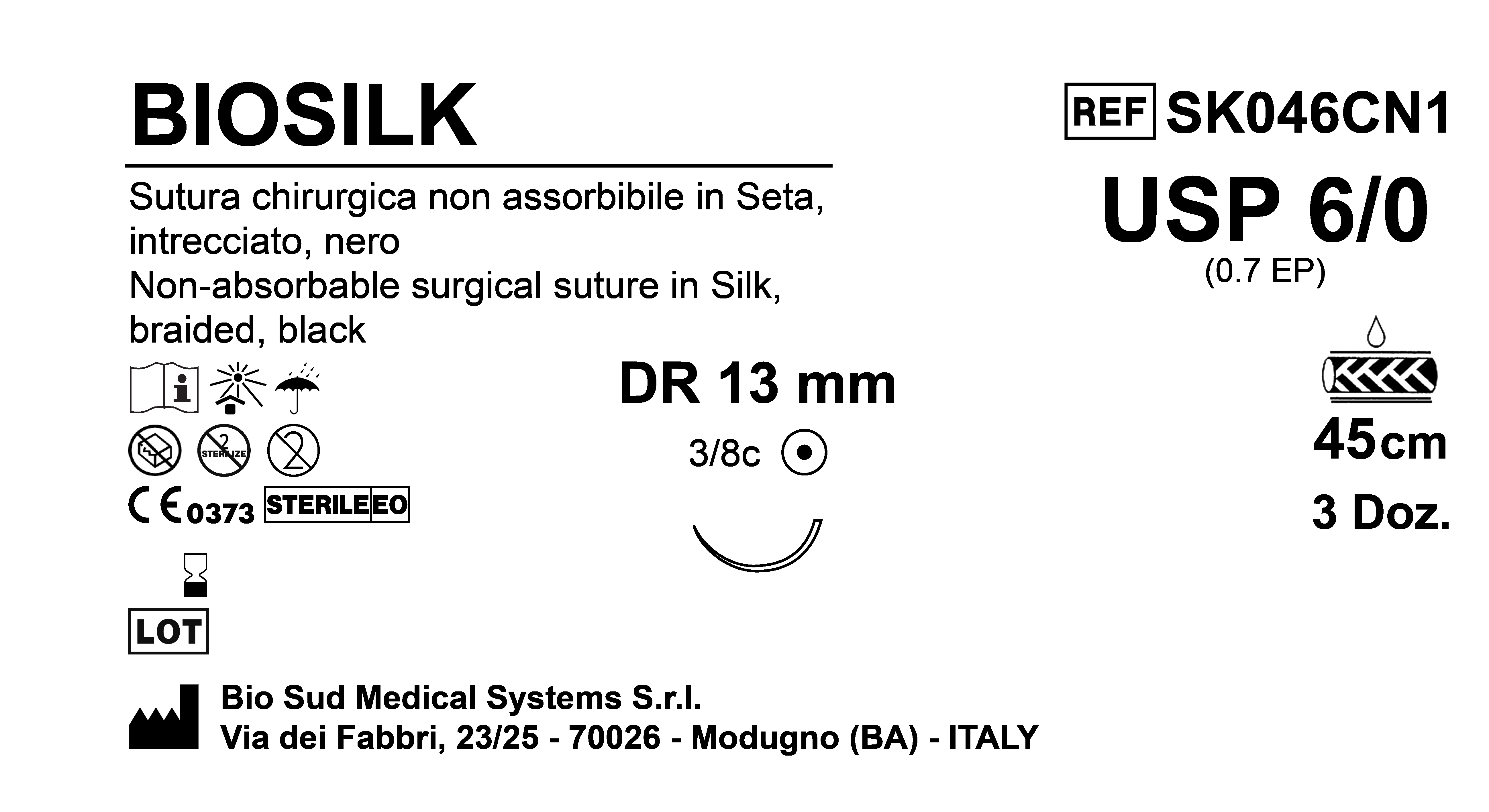 Sutura Biosilk DR13 USP 6-0 - EP 0.7 45 cm Black Box 36 pcs