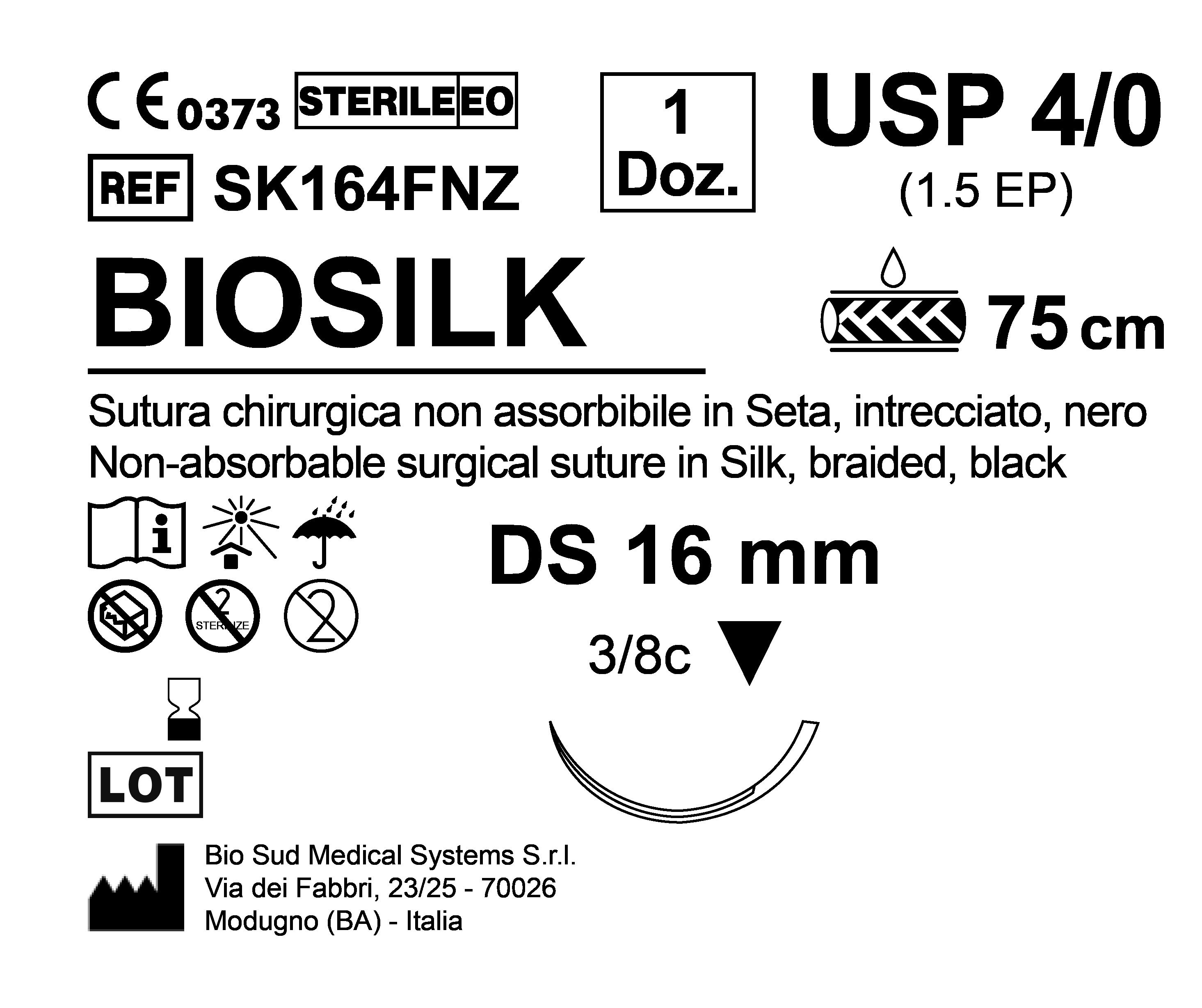 Sutura Biosilk DS 16 USP 4-0  - EP 1.5 75 cm Black Box 12 pcs
