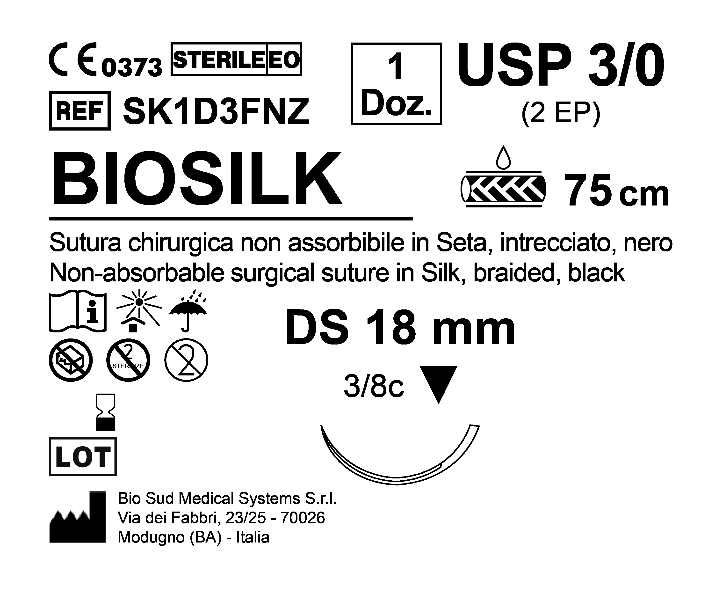 Sutura Biosilk DS 18 USP 3-0 - EP 2 75 cm Black Box 12 pcs