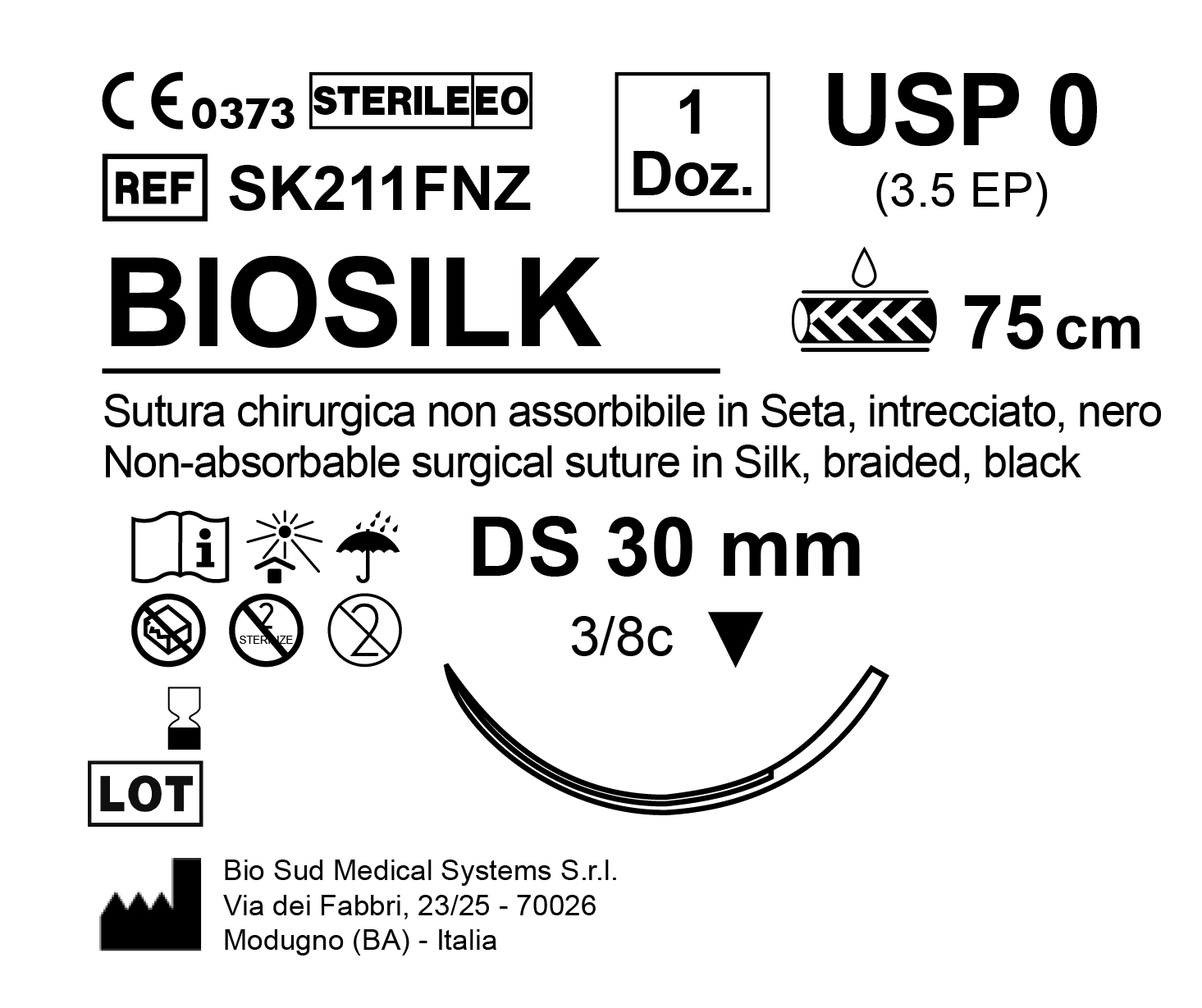 Sutura Biosilk DS 30 USP 0 - EP 3.5 75 cm Black Box 12 pcs