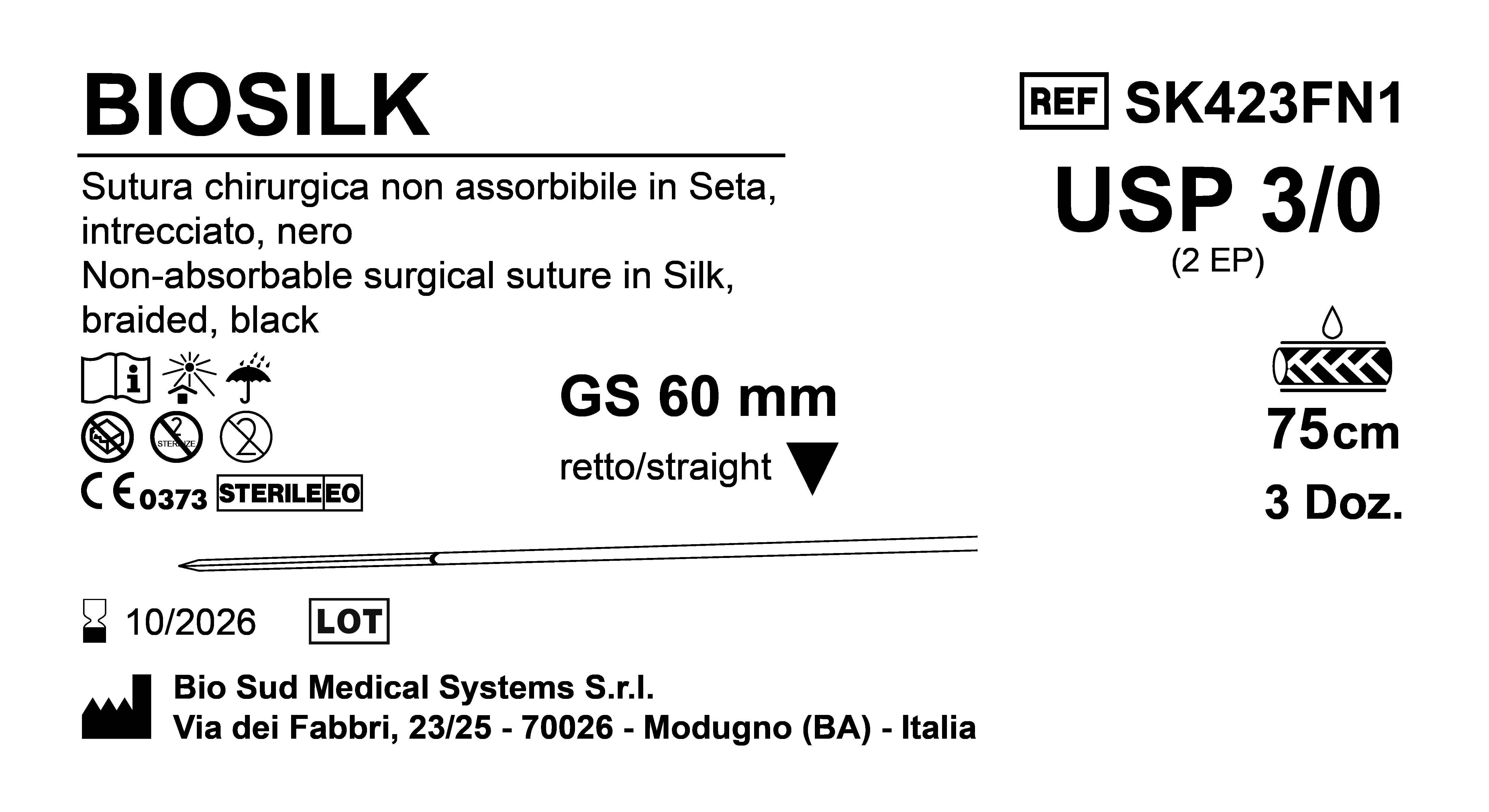 Sutura Biosilk GS60 USP 3-0 - EP 2 75 cm Black Box 36 pcs