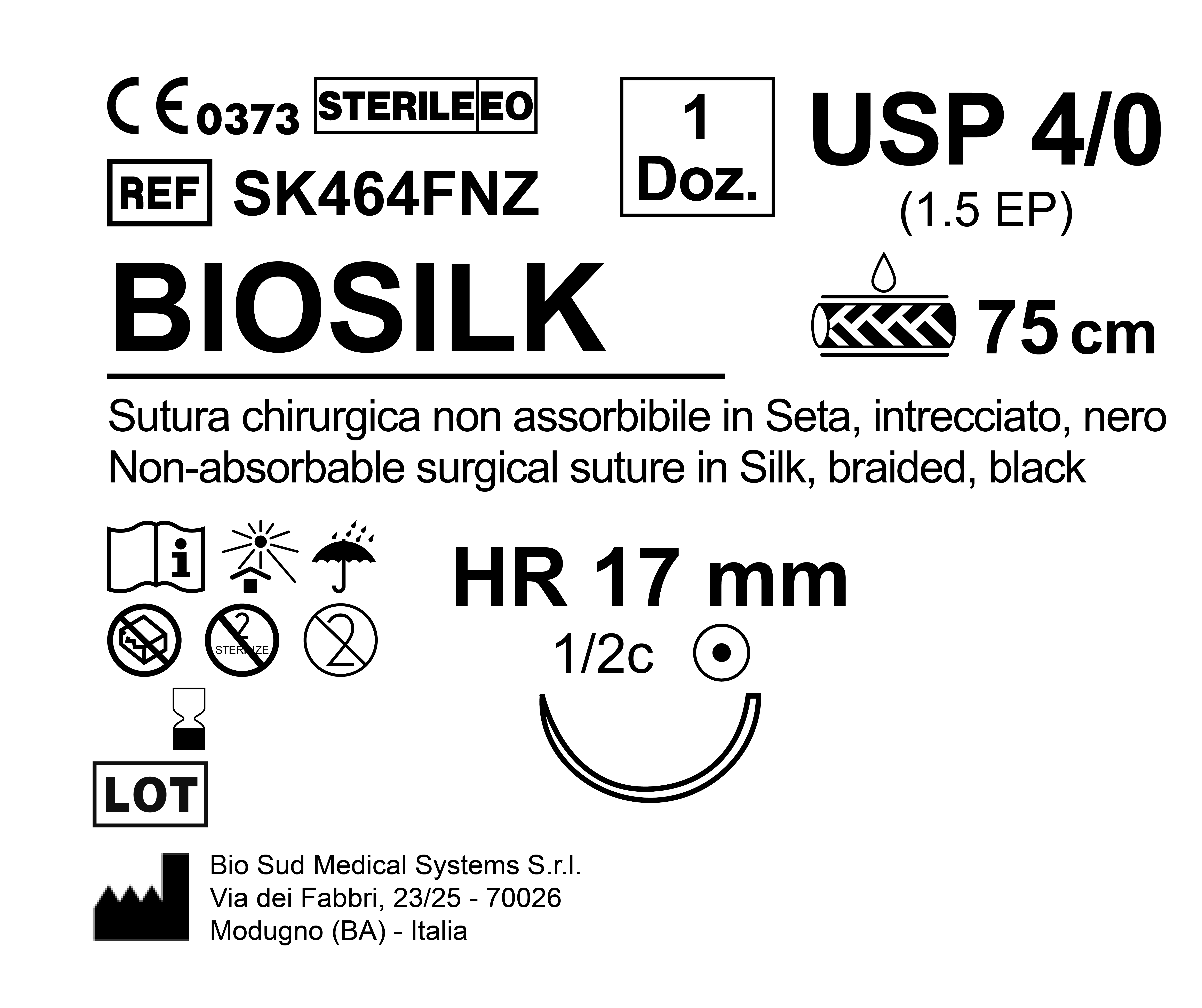 Sutura Biosilk HR 17 USP 4-0  - EP 1.5 75 cm Black Box 12 pcs
