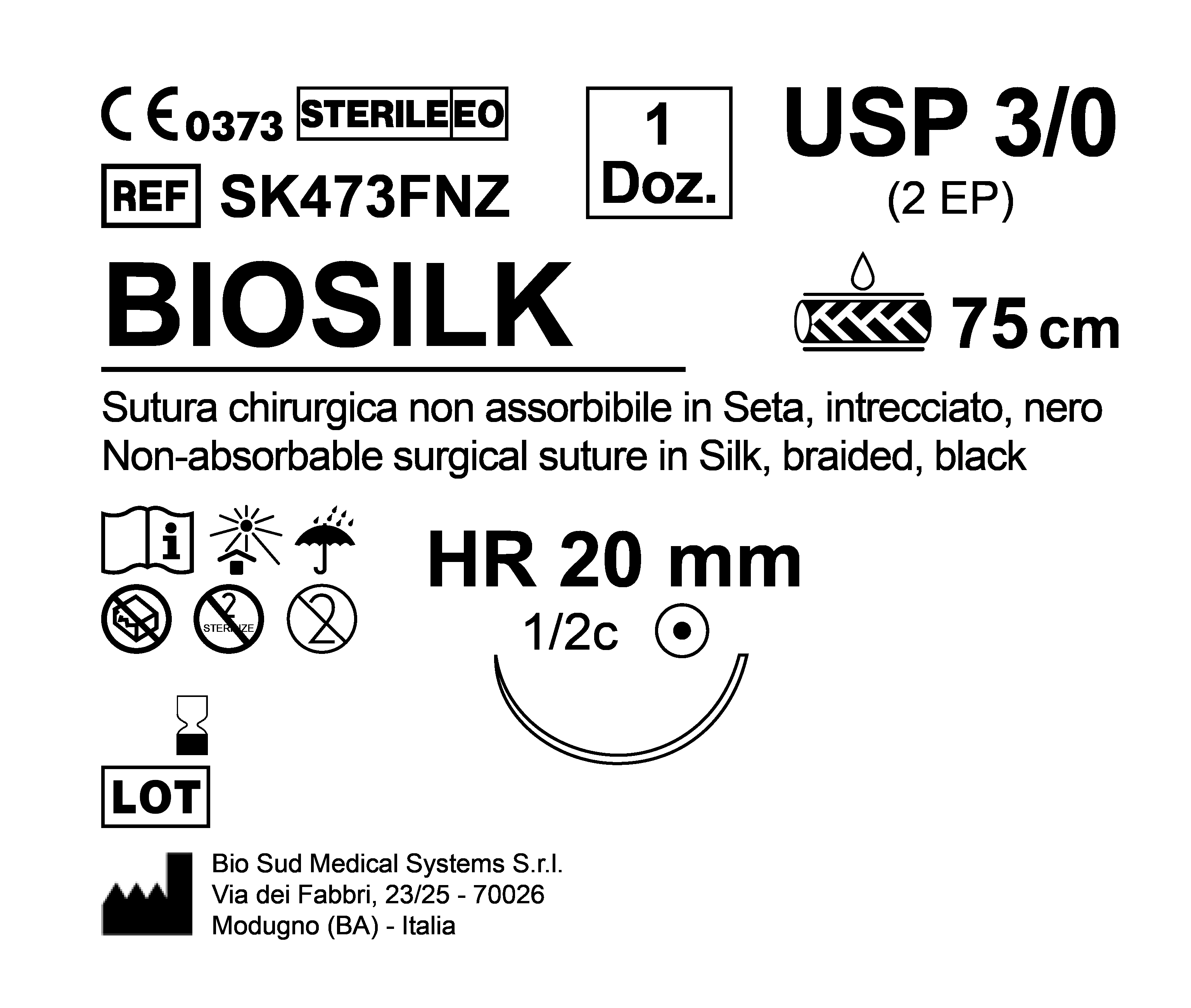 Sutura Biosilk HR 20 USP 3-0 - EP 2 75 cm Black Box 12 pcs