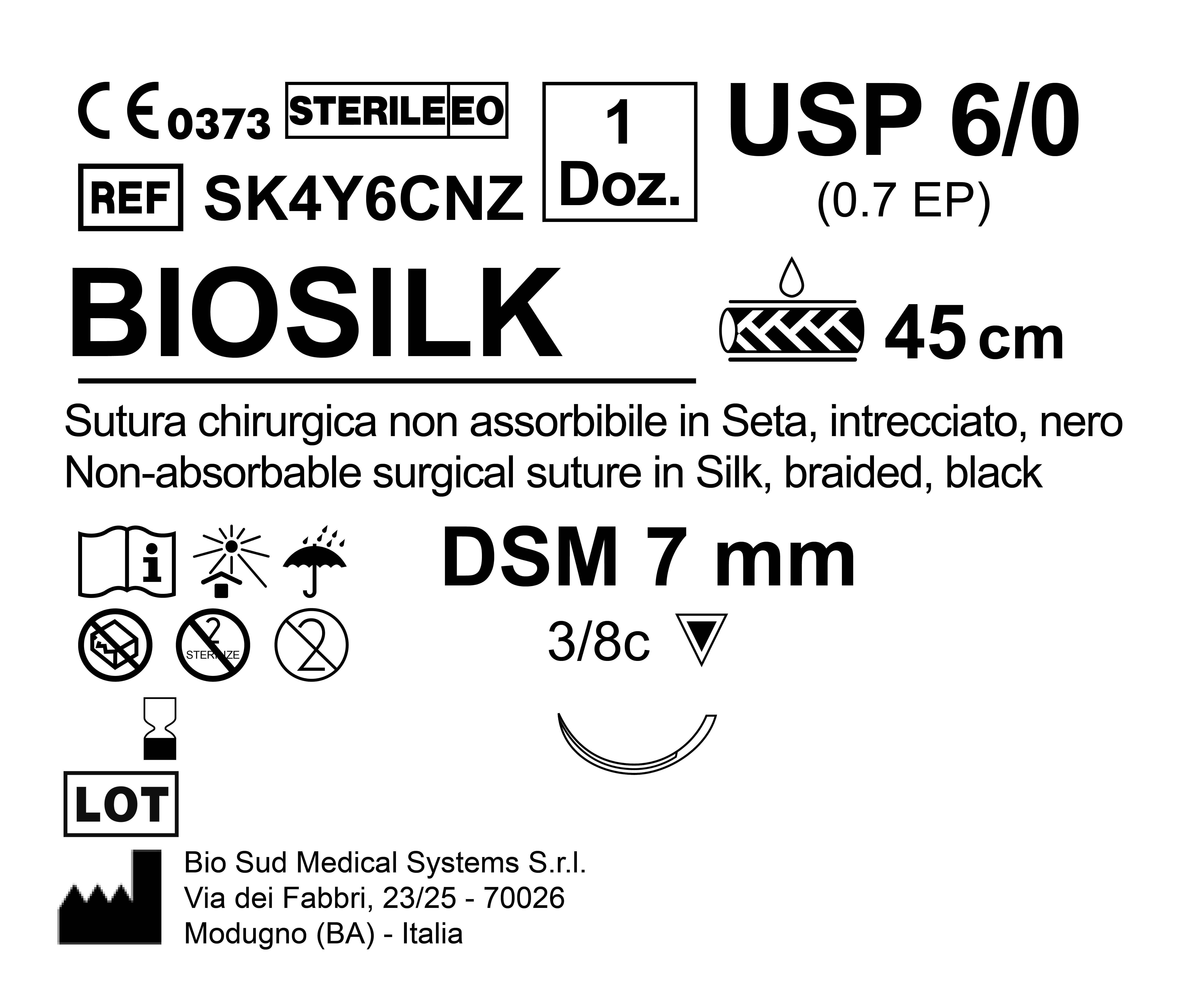 Sutura Biosilk DSM 7 USP 6-0 - EP 0.7 45 cm Black Box 12 pcs