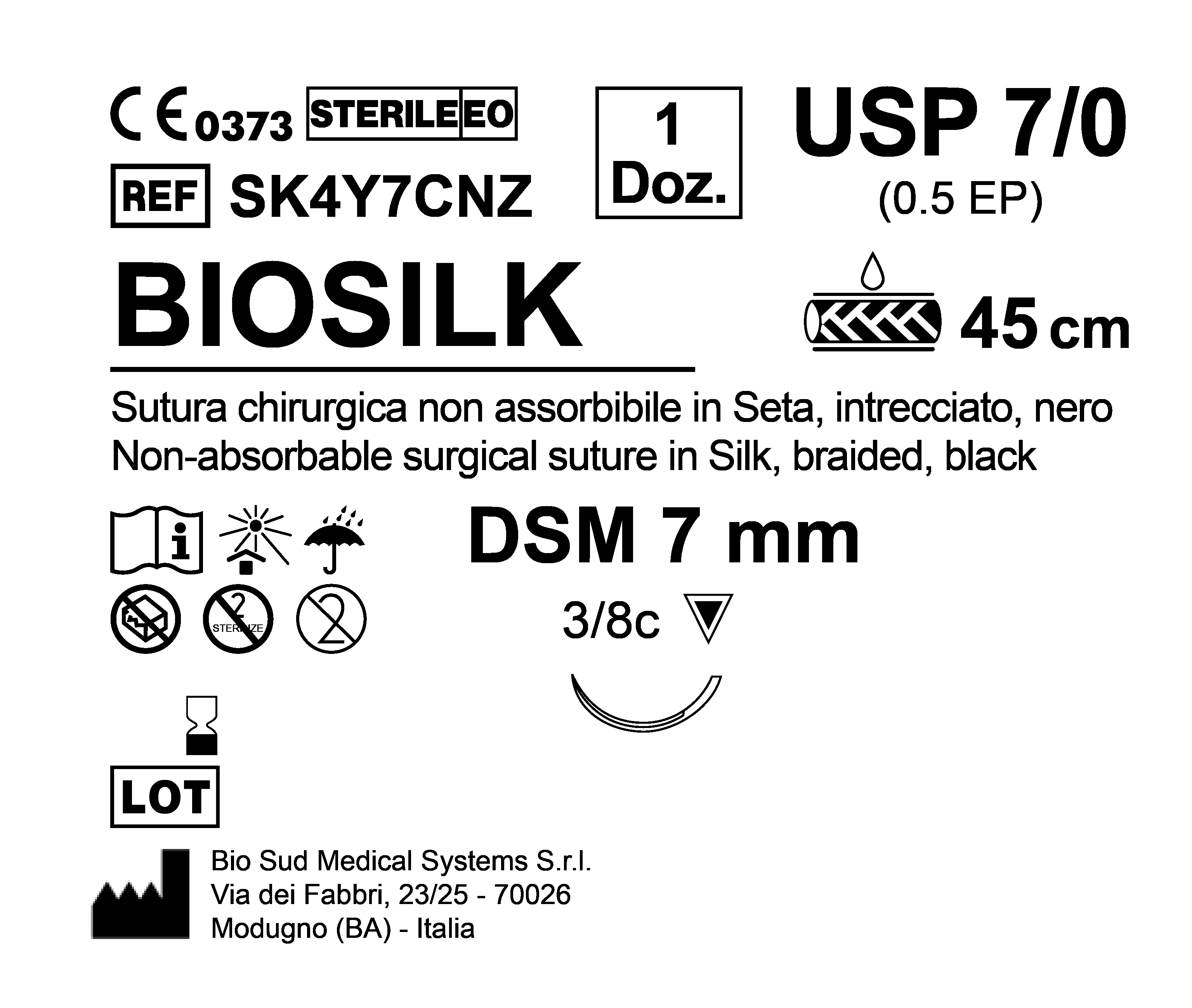 Sutura Biosilk DSM 7 USP 7-0 - EP 0.5 45 cm Black Box 12 pcs
