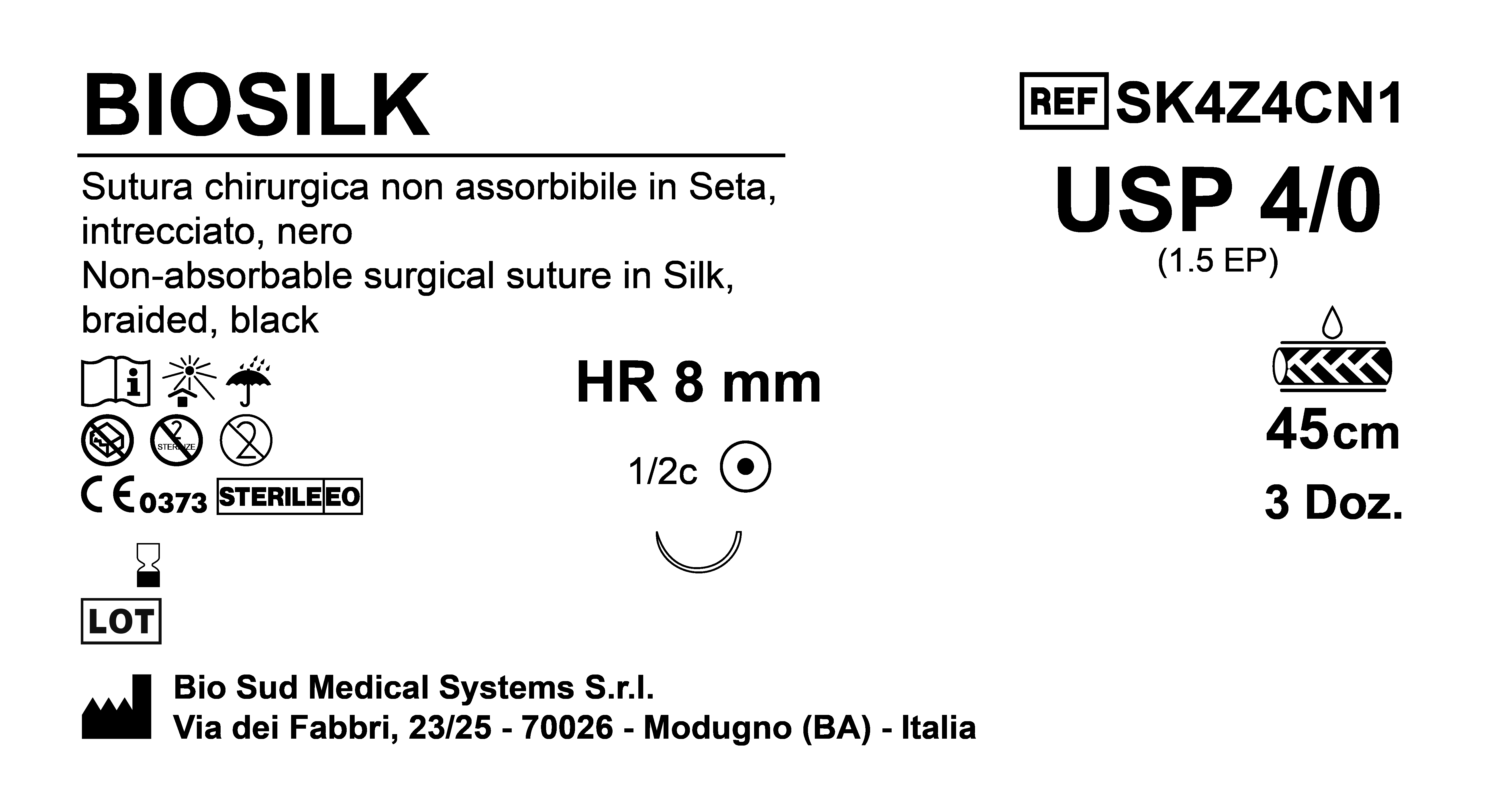 Sutura Biosilk HR 08 USP 4-0  - EP 1.5 45 cm Black Box 36 pcs