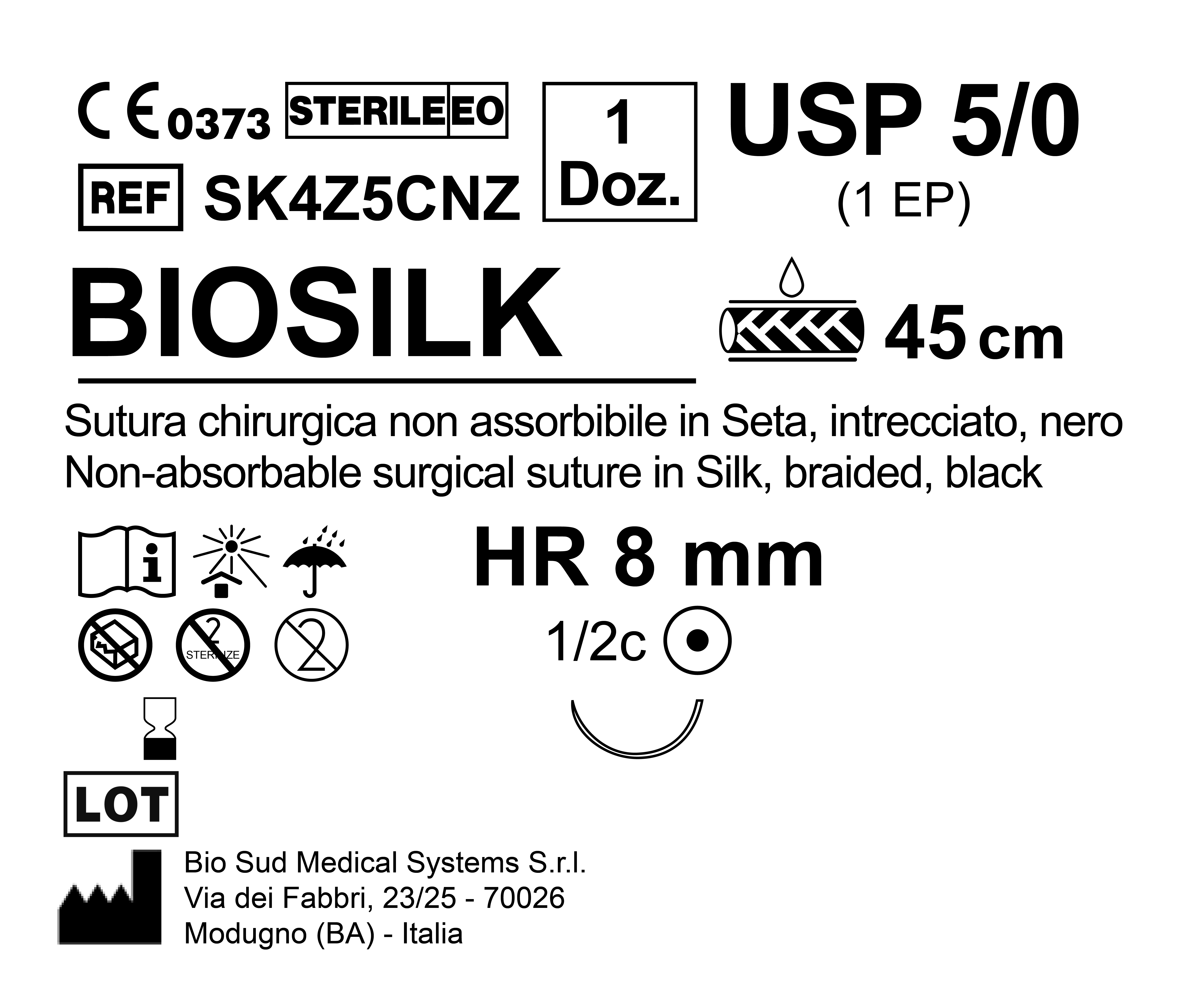 Sutura Biosilk HR 08 USP 5-0 - EP 1 45 cm Black Box 12 pcs