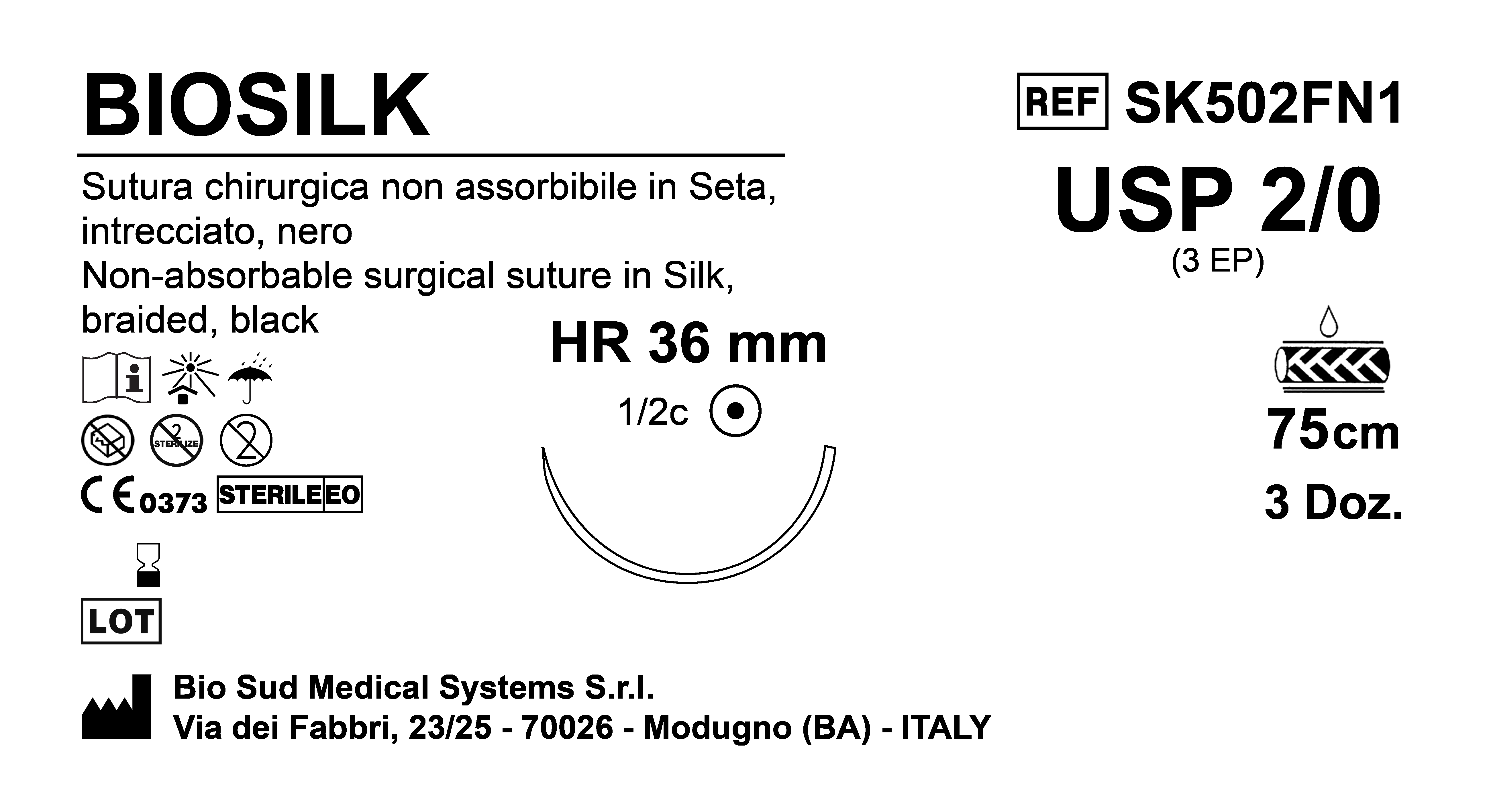 Sutura Biosilk HR36 USP 2-0 - EP 3 75 cm Black Box 36 pcs