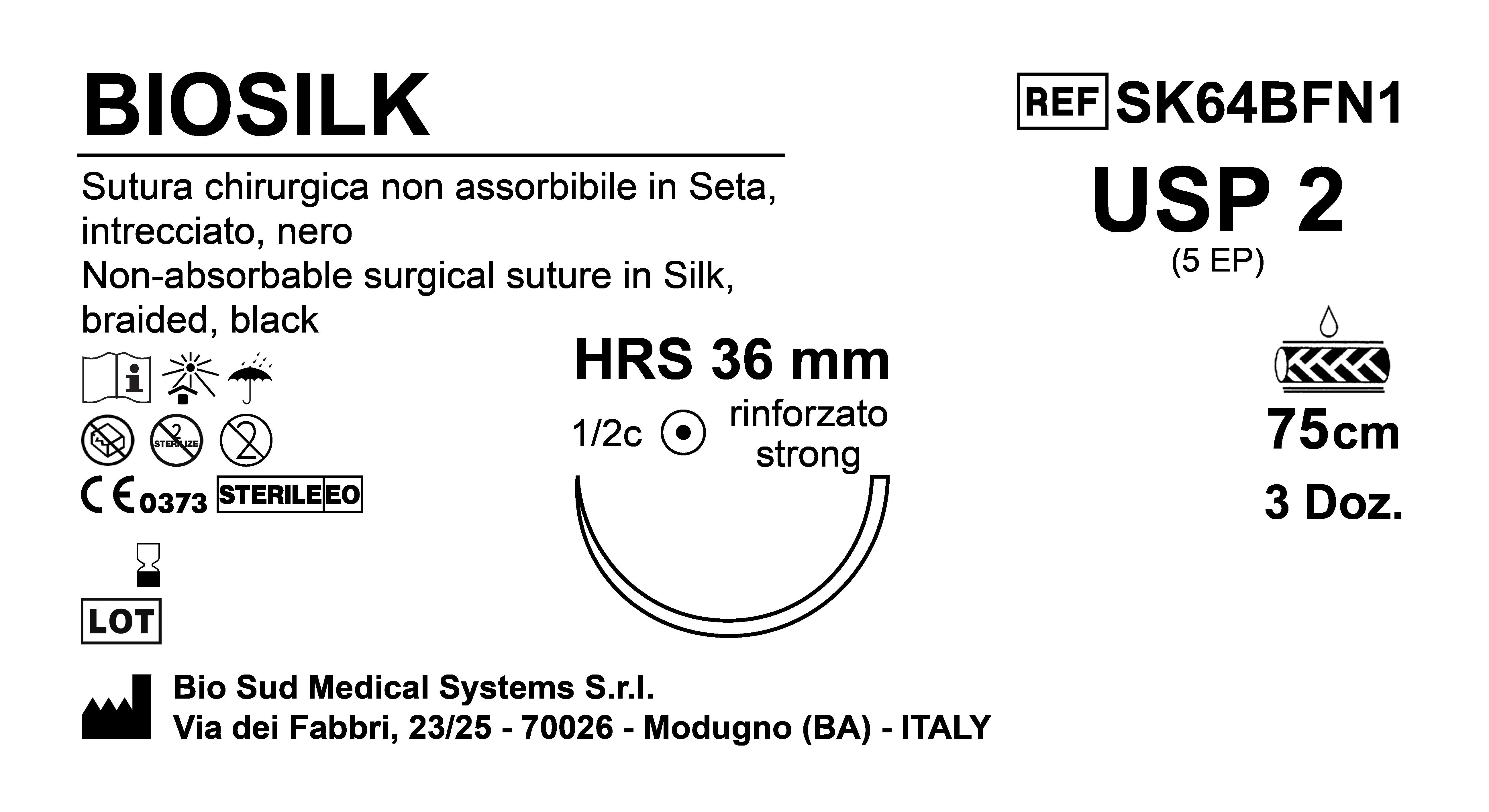 Sutura Biosilk HRS36 USP 2 - EP 5 75 cm Black Box 36 pcs