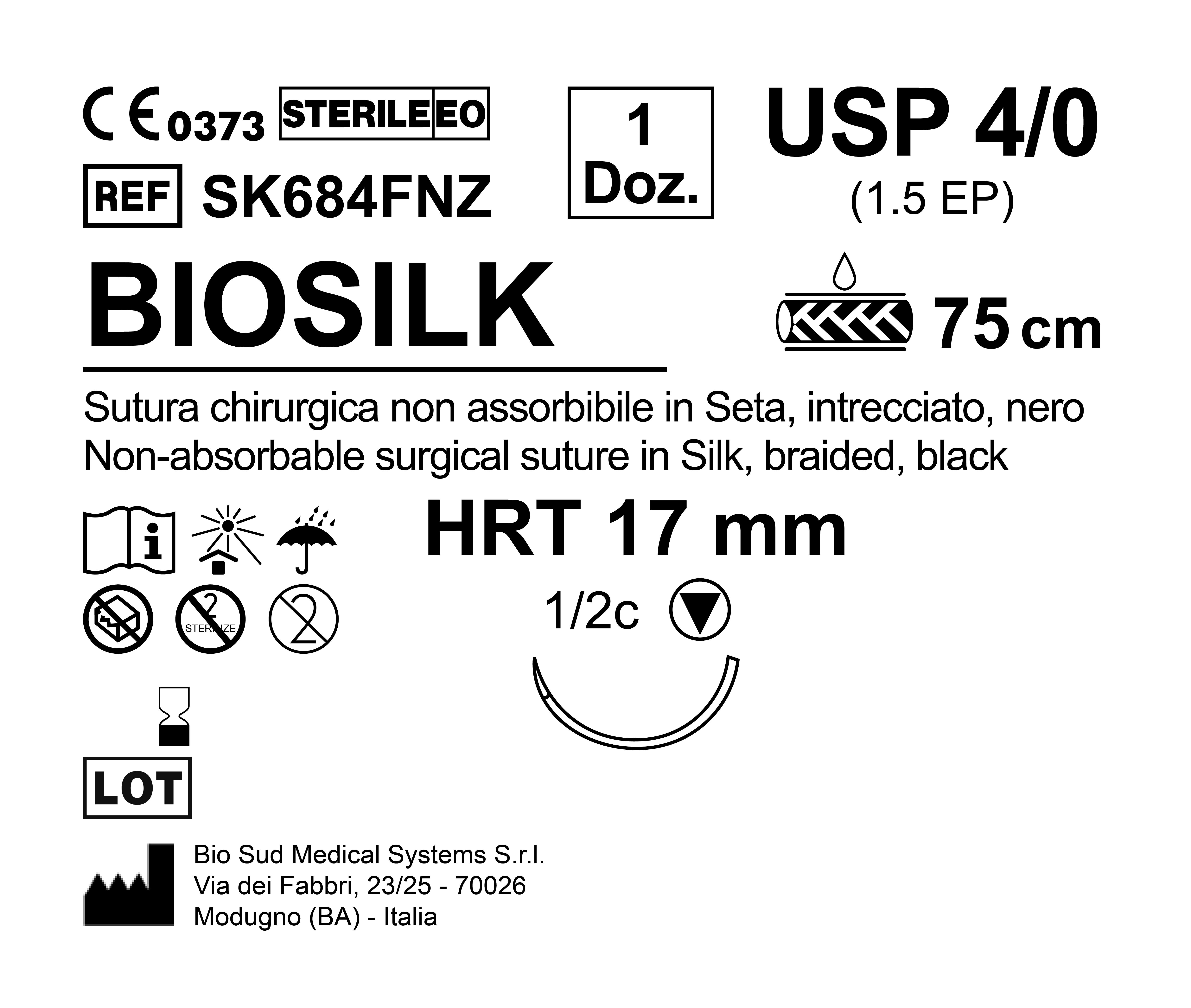 Sutura Biosilk HRT 17 USP 4-0  - EP 1.5 75 cm Black Box 12 pcs
