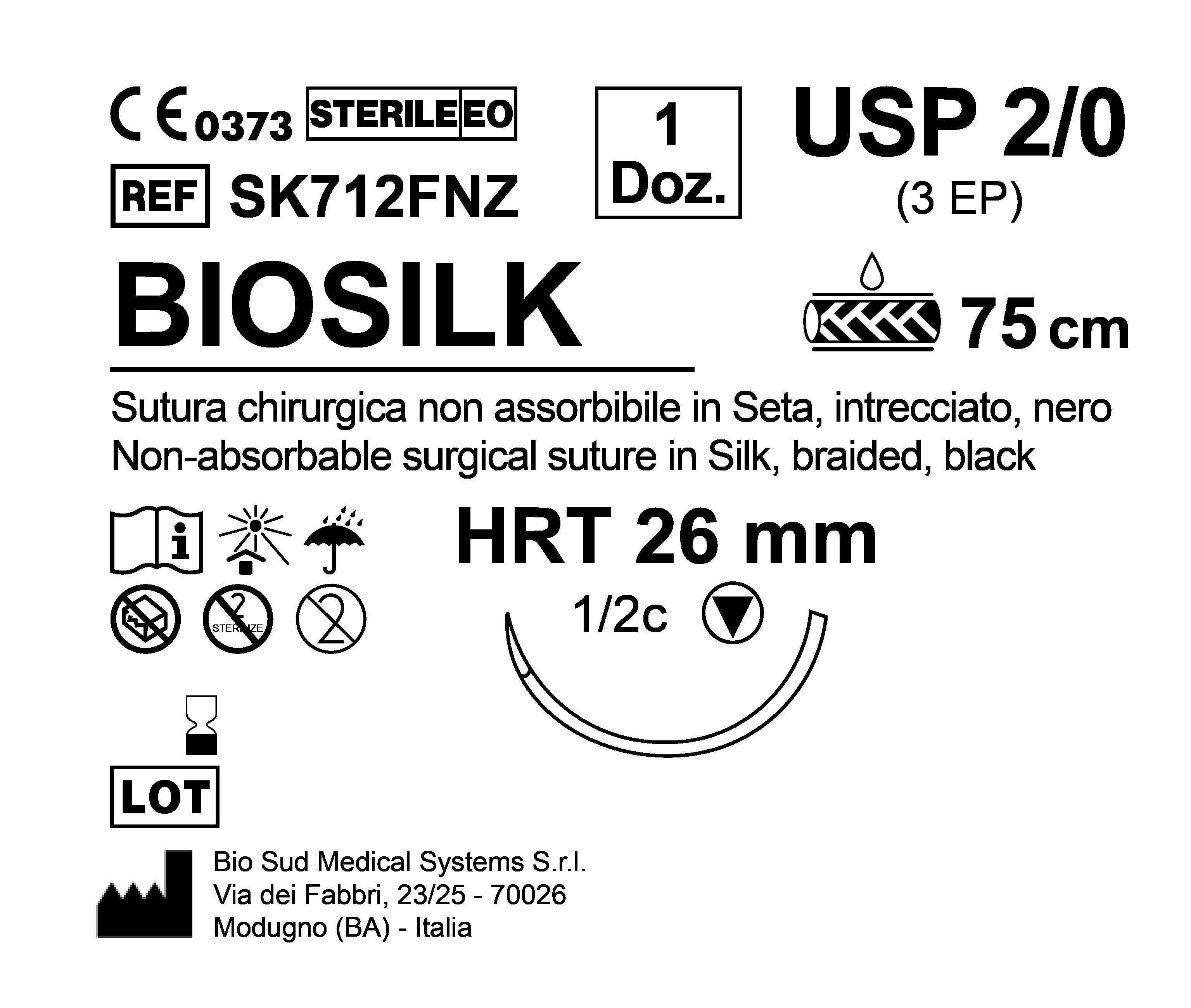 Sutura Biosilk HRT 26 USP 2-0 - EP 3 75 cm Black Box 12 pcs