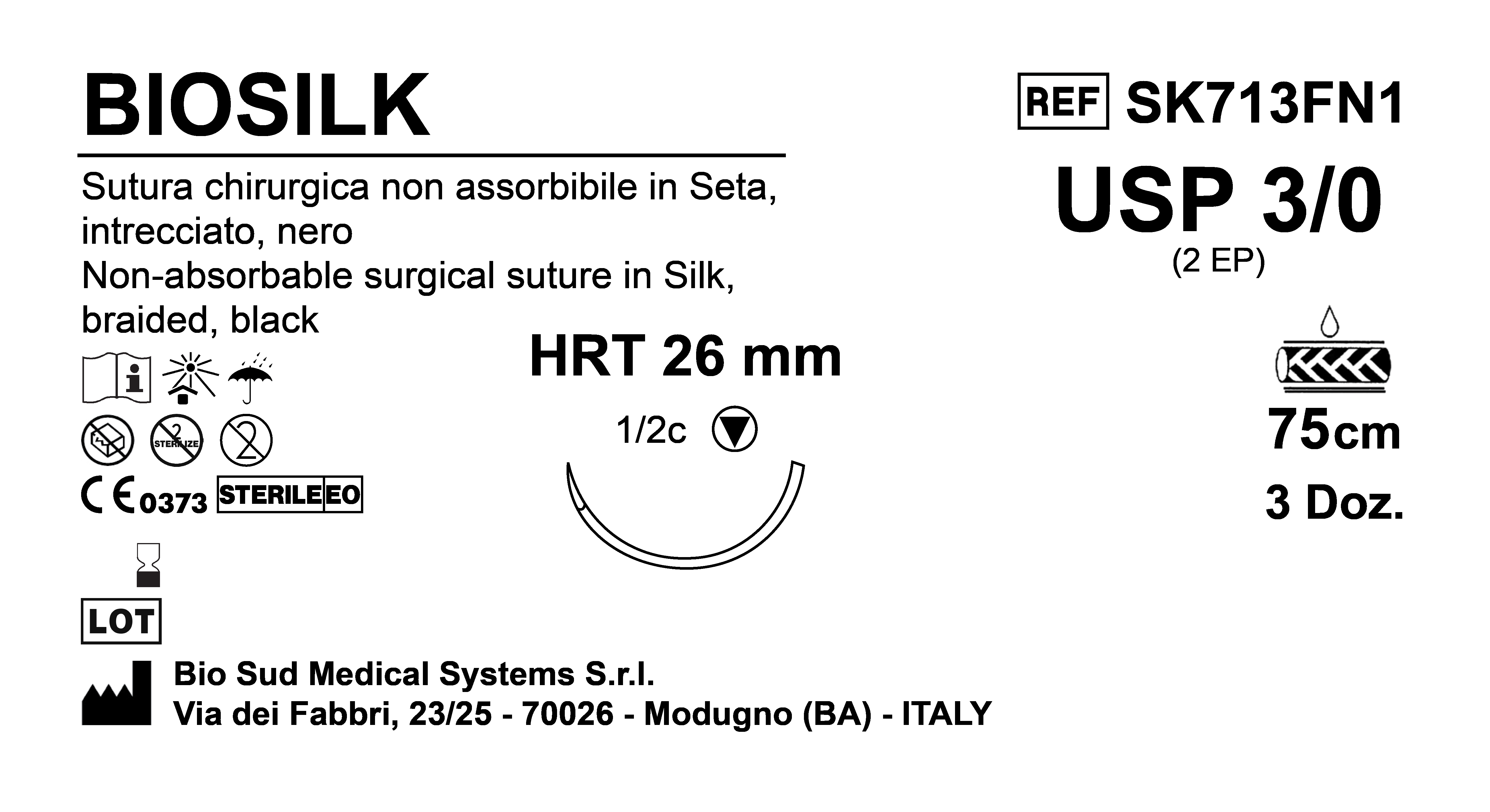 Sutura Biosilk HRT26 USP 3-0 - EP 2 75 cm Black Box 36 pcs