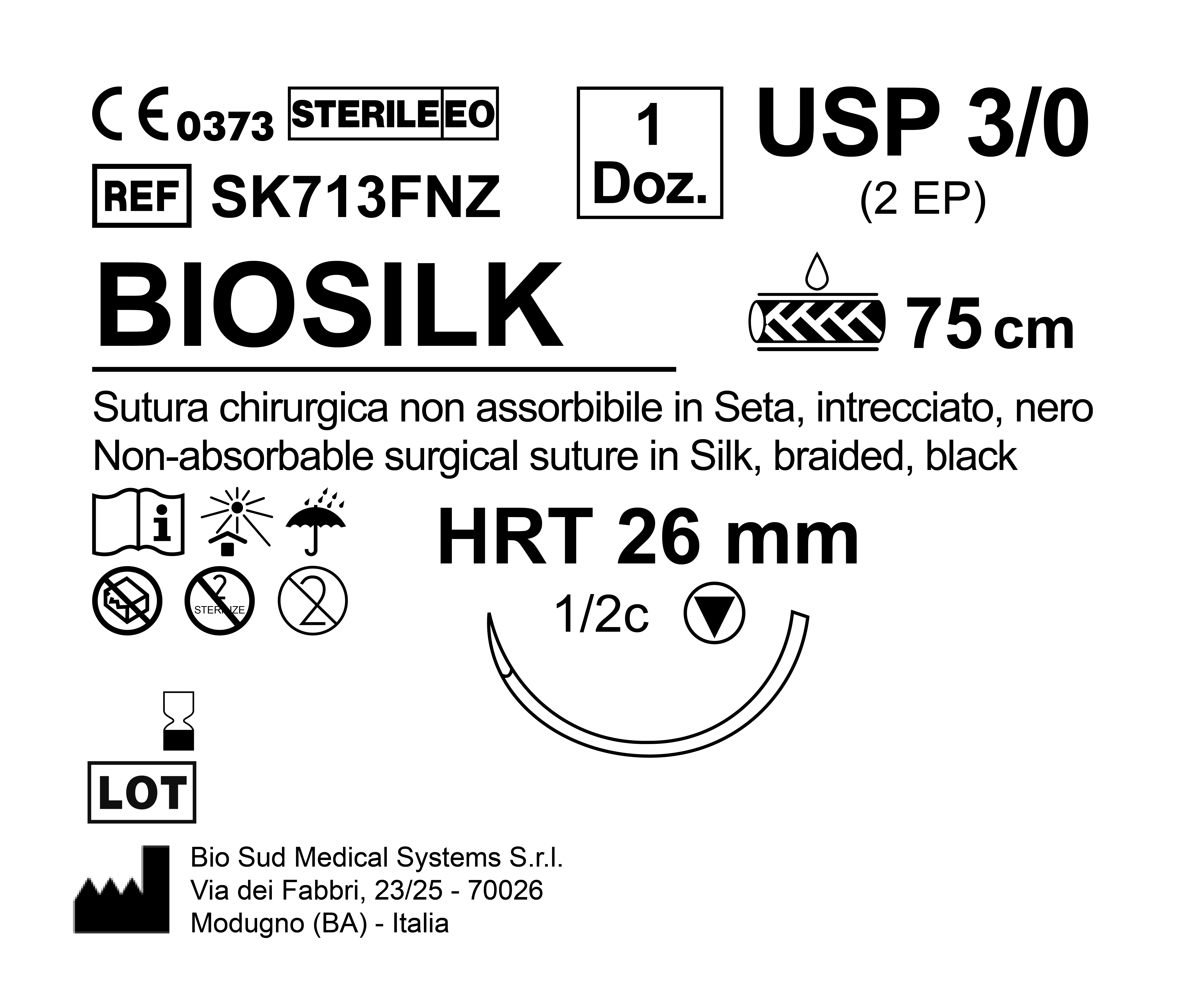Sutura Biosilk HRT 26 USP 3-0 - EP 2 75 cm Black Box 12 pcs