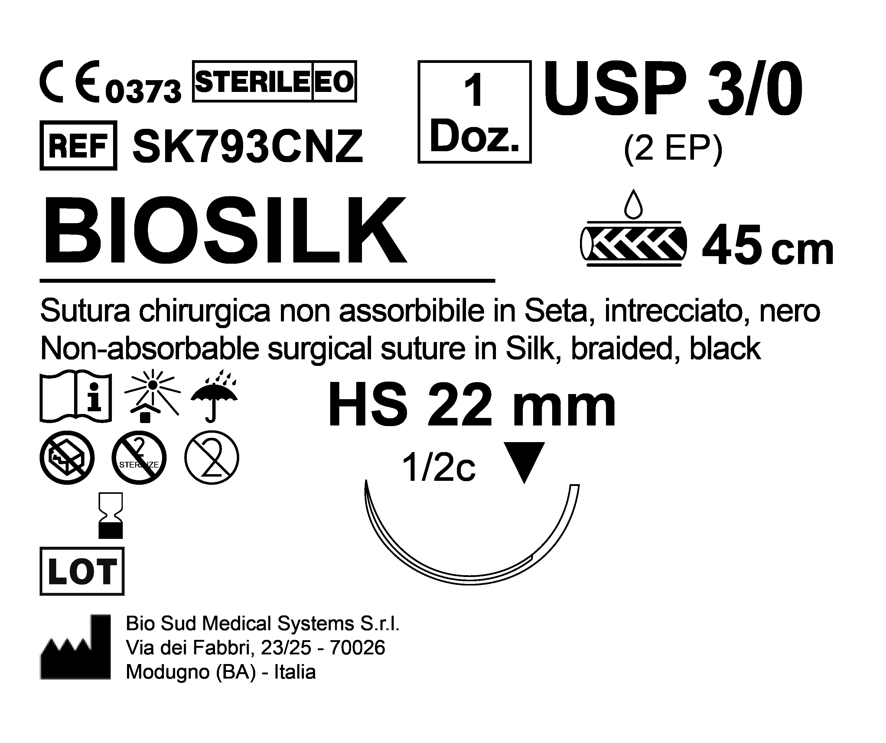 Sutura Biosilk HS 22 USP 3-0 - EP 2 45 cm Black Box 12 pcs